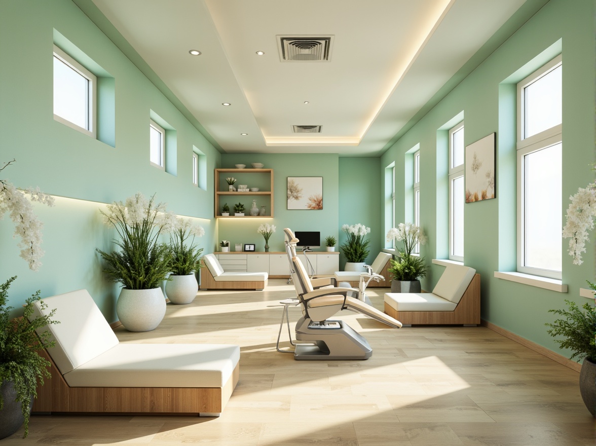 Prompt: Calming dental clinic, soft mint green walls, creamy white furniture, warm beige floors, gentle blue accents, soothing ambient lighting, natural wood textures, minimalist decor, modern sleek equipment, sterile stainless steel surfaces, comfortable patient chairs, calming nature-inspired artwork, serene waiting area, peaceful atmosphere, shallow depth of field, 1/1 composition, realistic renderings, subtle gradient effects.