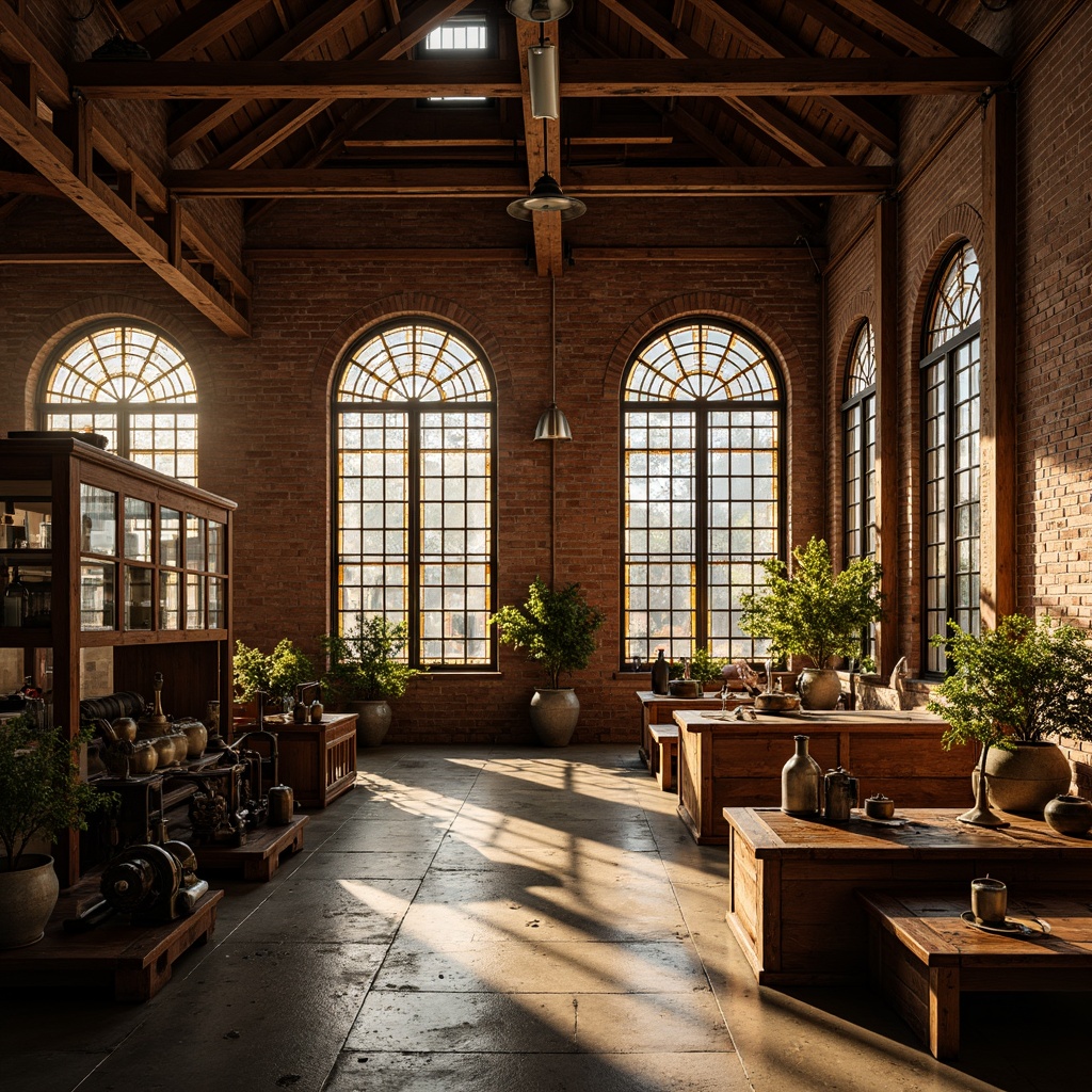 Prompt: Rustic warehouse interior, exposed brick walls, wooden beam ceilings, industrial metal frames, innovative windows with Romanesque arches, stained glass panels, ornate ironwork details, warm golden lighting, shallow depth of field, 1/1 composition, realistic textures, ambient occlusion, distressed wood accents, vintage machinery displays, eclectic decorative artifacts, earthy color palette, soft natural light, atmospheric misting effects.