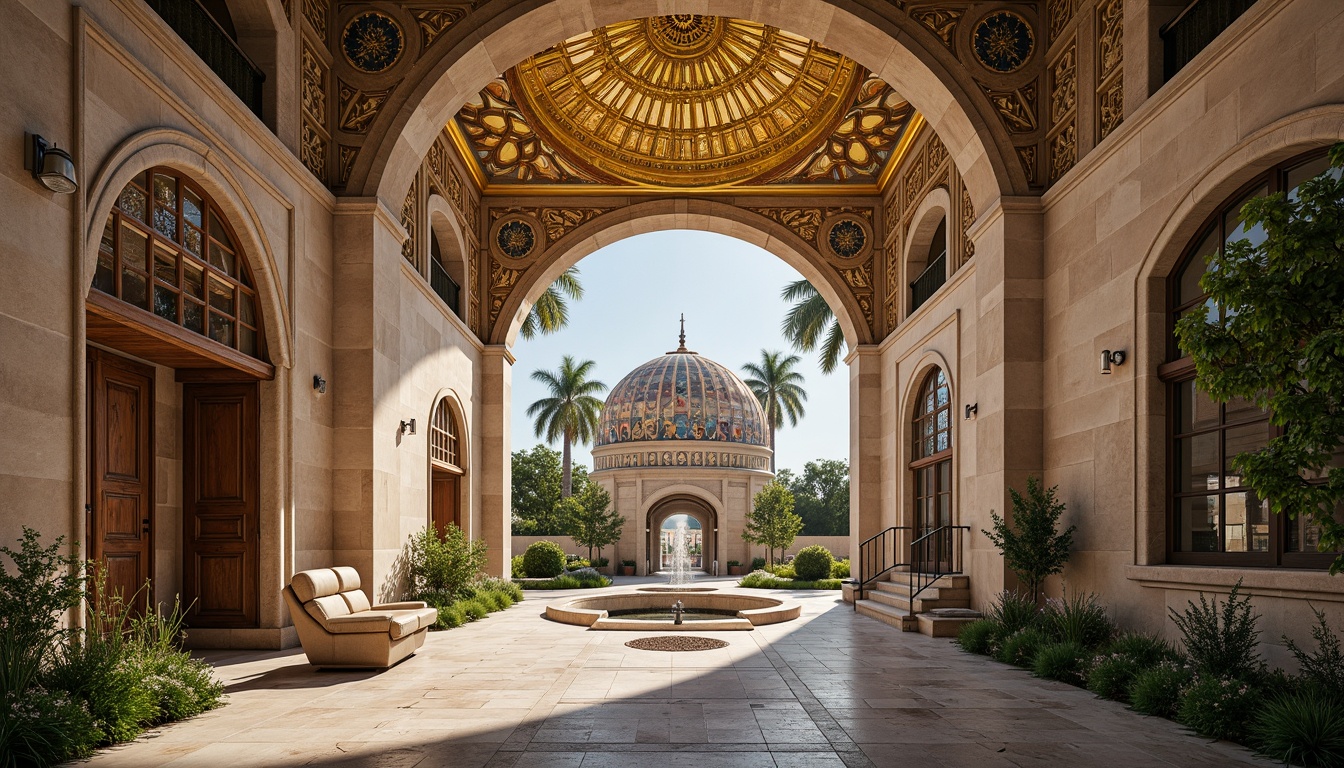 Prompt: Intricate stone carvings, ornate golden domes, majestic archways, grand entrance gates, rustic wooden doors, vibrant mosaic patterns, richly textured stonework, Byzantine-inspired frescoes, serene courtyard gardens, tranquil fountain features, soft warm lighting, shallow depth of field, 3/4 composition, panoramic view, realistic textures, ambient occlusion.