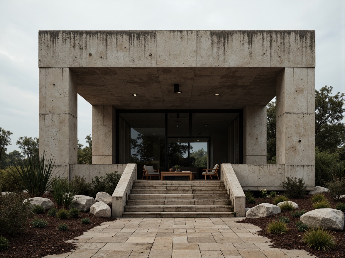 Prompt: Rugged pavilion, brutalist architecture, raw concrete textures, industrial metal accents, bold geometric shapes, monochromatic color scheme, earthy tones, weathered wood elements, natural stone walls, minimalist landscaping, sparse greenery, dramatic shadows, high-contrast lighting, cinematic atmosphere, 1/1 composition, symmetrical framing, moody ambient occlusion.