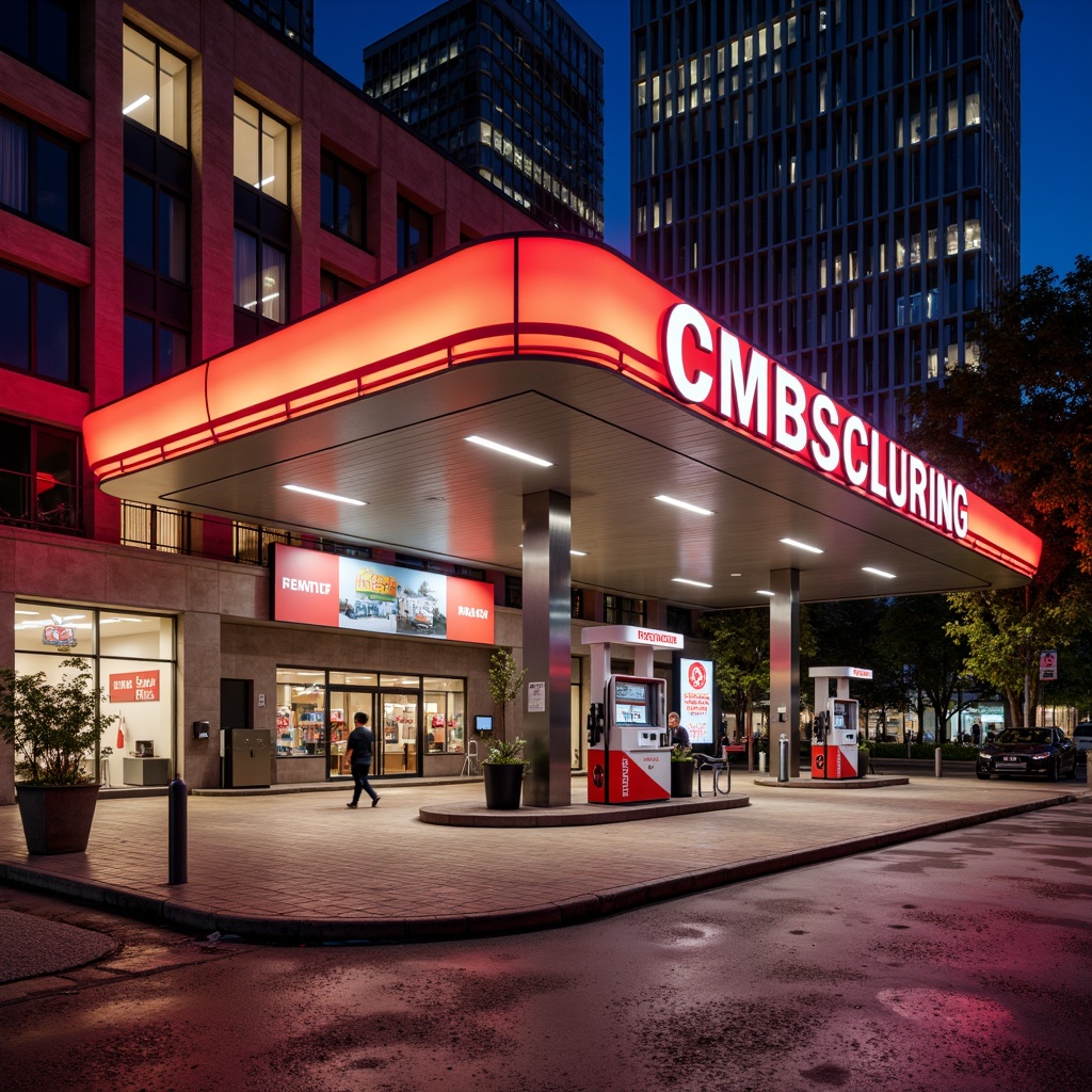 Prompt: Vibrant gas station, neon-lit canopy, bold signage, metallic fuel pumps, sleek modern architecture, reflective glass surfaces, angular lines, industrial-chic design, urban cityscape, bustling streets, night-time ambiance, warm golden lighting, shallow depth of field, 1/1 composition, realistic textures, ambient occlusion.