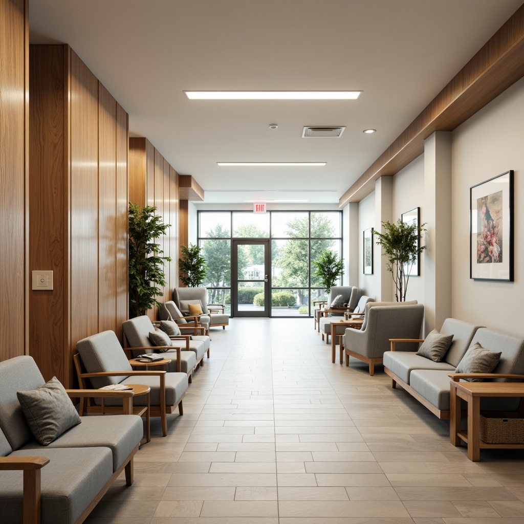 Prompt: Soothing hospital corridors, calming color schemes, natural wood accents, comfortable waiting areas, ergonomic seating, gentle lighting, acoustic panels, minimalist decor, functional nurse stations, private patient rooms, large windows, abundant natural light, soft flooring, warm textures, peaceful artwork, serene atmosphere, shallow depth of field, 1/1 composition, realistic renderings, ambient occlusion.