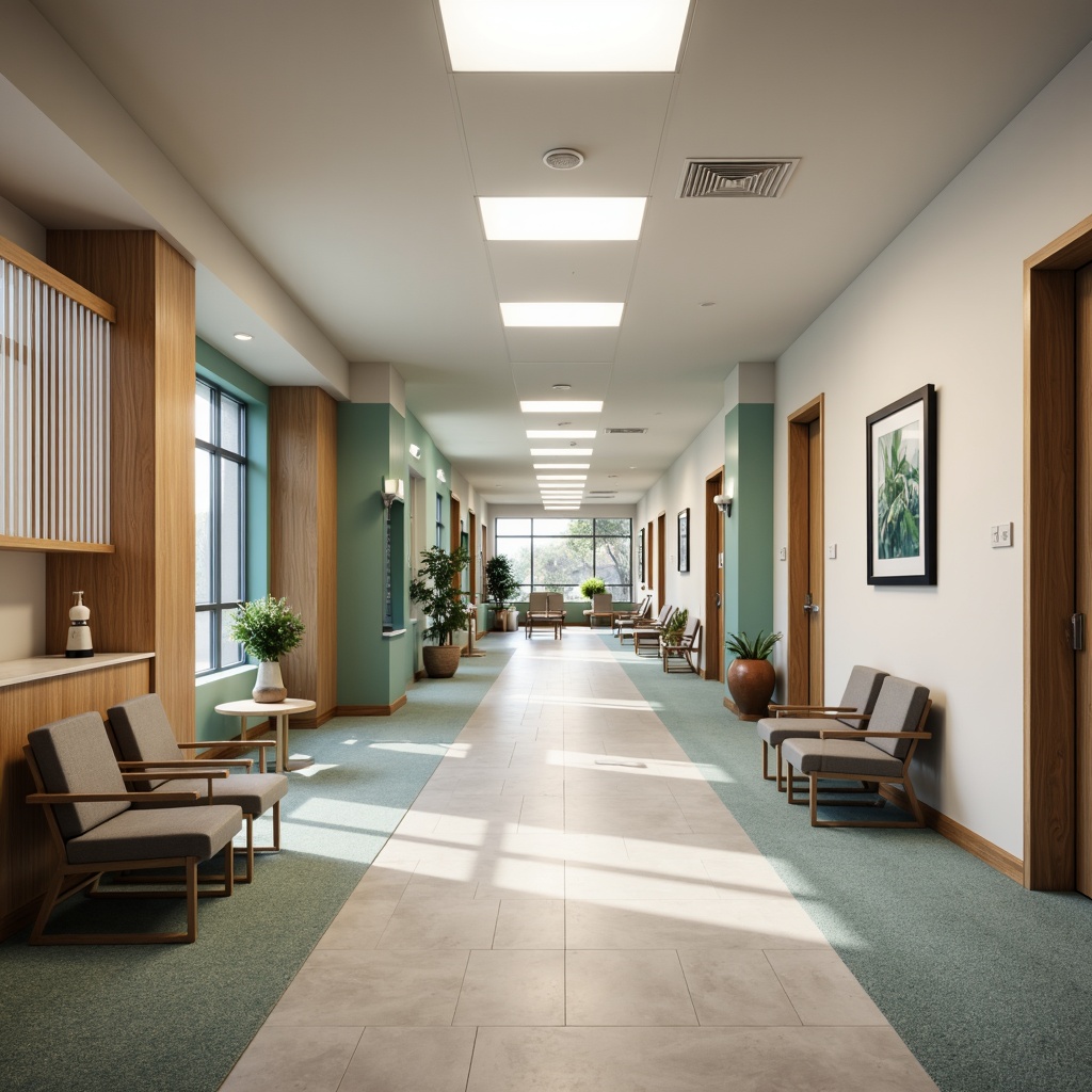 Prompt: Soothing hospital corridors, calming color schemes, natural wood accents, comfortable waiting areas, ergonomic seating, gentle lighting, acoustic panels, minimalist decor, functional nurse stations, private patient rooms, large windows, abundant natural light, soft flooring, warm textures, peaceful artwork, serene atmosphere, shallow depth of field, 1/1 composition, realistic renderings, ambient occlusion.