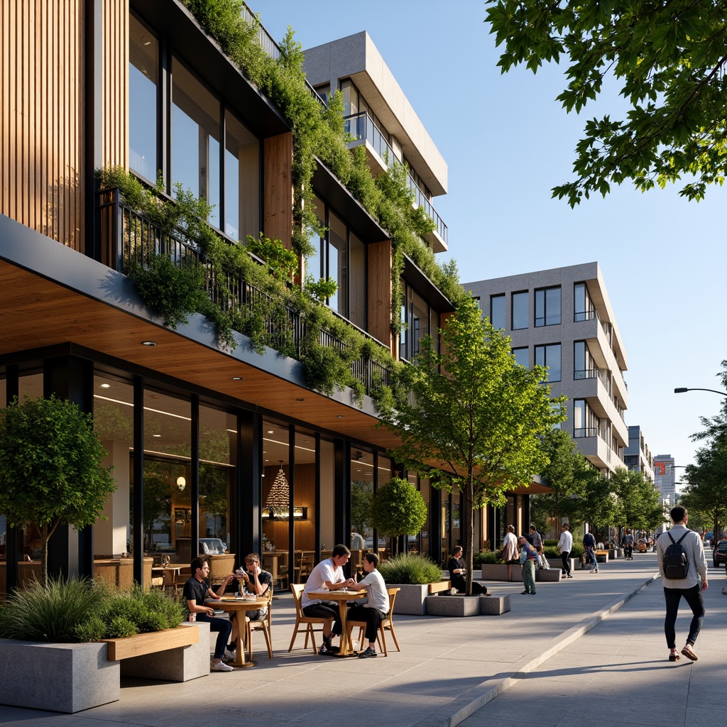 Prompt: Vibrant coffee shop facade, modern minimalist architecture, large glass windows, wooden accents, industrial metal frames, green walls, living plants, natural stone cladding, LED lighting installations, geometric patterns, bold color schemes, urban cityscape, busy street scene, morning sunlight, shallow depth of field, 1/2 composition, realistic textures, ambient occlusion.