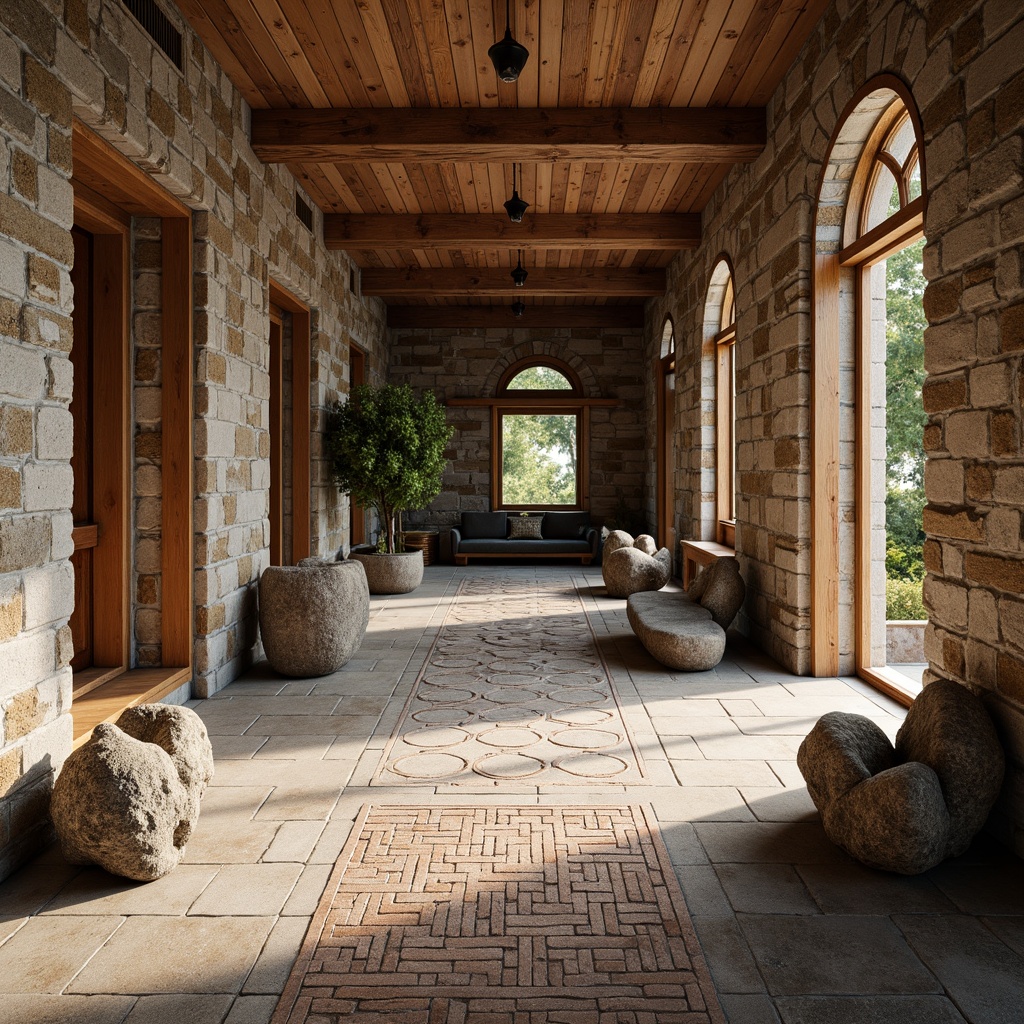 Prompt: Rough stone walls, weathered wooden planks, rusty metal accents, smooth concrete floors, intricate brick patterns, ornate tile mosaics, natural rock formations, earthy color palette, organic shapes, curved lines, modern minimalist aesthetic, abundant natural light, soft warm glow, shallow depth of field, 1/1 composition, realistic textures, ambient occlusion.