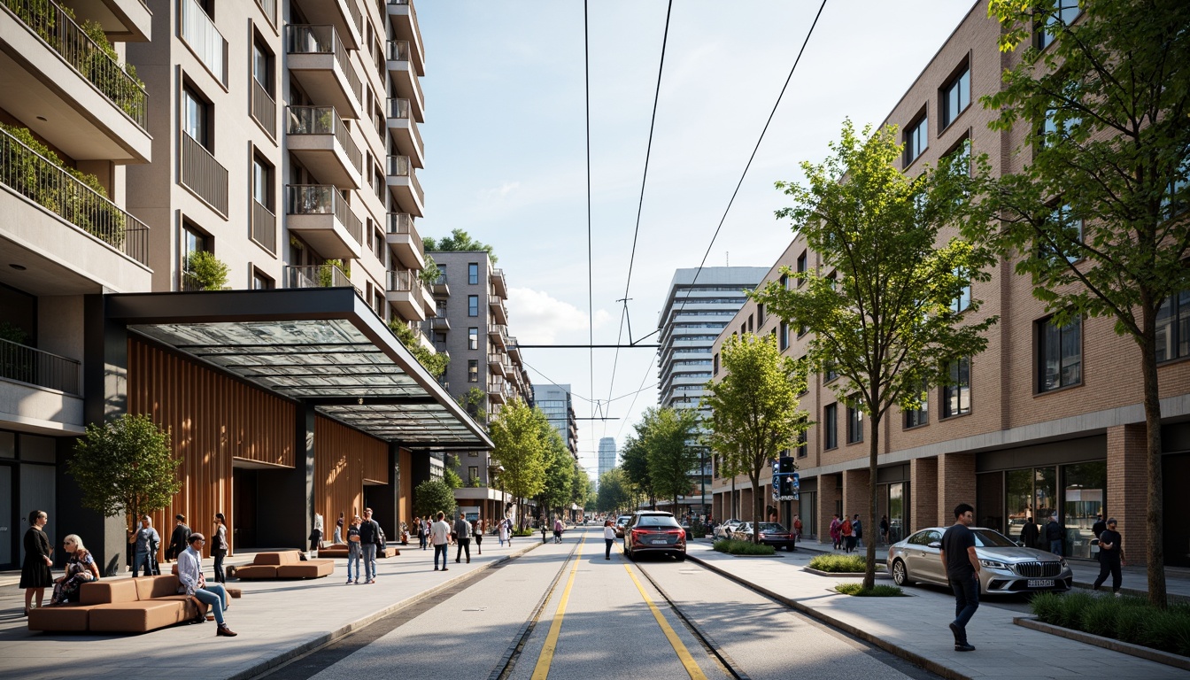 Prompt: Vibrant cityscape, modern tram station, sleek glass roofs, steel beams, urban integration, pedestrian-friendly infrastructure, green spaces, public art installations, bustling streets, morning commute, soft natural lighting, shallow depth of field, 1/1 composition, realistic textures, ambient occlusion, urban furniture, bike lanes, street performers, eclectic architecture, mixed-use development, lively atmosphere, warm color palette.