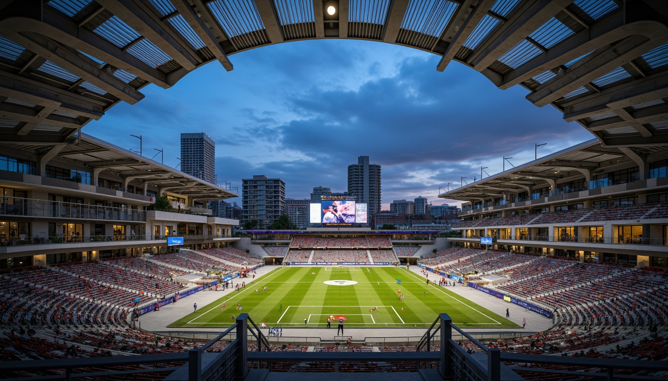 Prompt: Modernist stadium, sleek metal fa\u00e7ade, cantilevered roofs, angular lines, minimalist design, exposed concrete structures, industrial-style lighting, polished steel handrails, glass balustrades, vibrant colorful seats, dynamic LED scoreboards, futuristic digital signage, sustainable energy-efficient systems, solar panels, wind turbines, water conservation systems, green roofs, eco-friendly materials, innovative cooling technologies, shaded outdoor concourses, misting systems, urban cityscape backdrop, dramatic nighttime lighting, shallow depth of field, 3/4 composition, panoramic view, realistic textures, ambient occlusion.