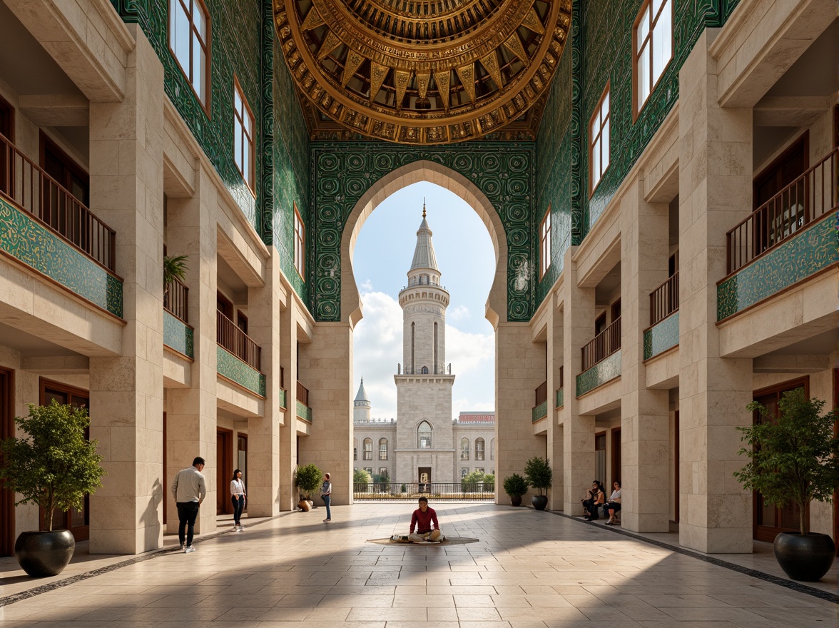 Prompt: Minaret, grand dome, intricate arches, ornate columns, Islamic-inspired patterns, geometric motifs, vibrant turquoise tiles, golden accents, natural stone walls, modern minimalist fa\u00e7ade, clean lines, minimal ornamentation, large windows, stained glass, soft warm lighting, shallow depth of field, 3/4 composition, panoramic view, realistic textures, ambient occlusion, peaceful atmosphere, serene ambiance, spiritual essence.