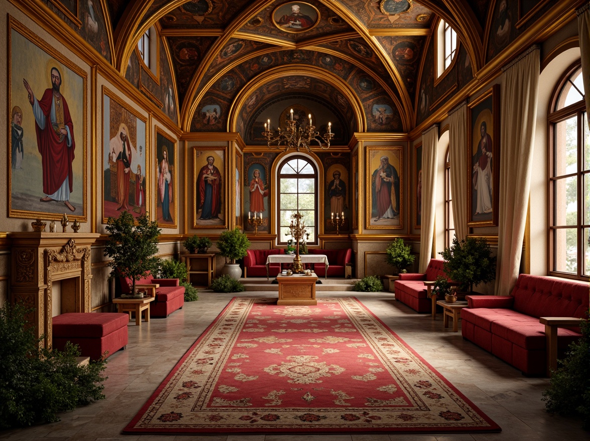 Prompt: Warm monastery interior, Byzantine architectural style, ornate golden accents, intricate mosaics, vaulted ceilings, grand chandeliers, rich wood furnishings, plush velvet fabrics, soft warm lighting, subtle aromas of incense, peaceful ambiance, serene atmosphere, natural stone floors, arched windows, stained glass details, elegant frescoes, classic icons, lavish drapery, cozy reading nooks, comfortable seating areas, intimate chapel settings, mystical spiritual vibes, warm earthy tones, subtle texture overlays, realistic material reflections, shallow depth of field, 1/1 composition.