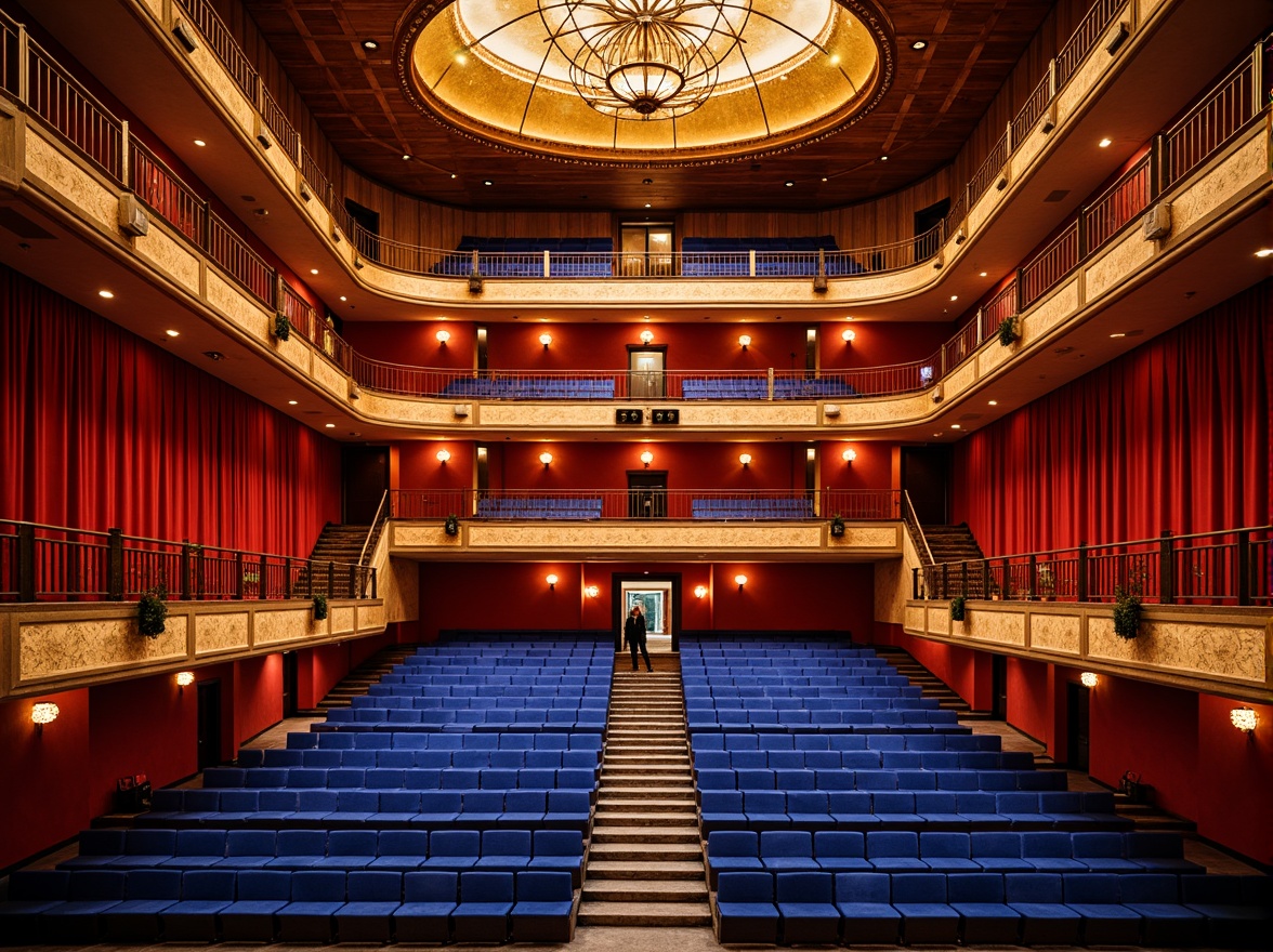 Prompt: Vibrant concert hall, rich wood tones, warm golden lighting, bold red accents, deep blue seats, polished metal fixtures, luxurious velvet curtains, ornate chandeliers, grand staircase, opulent balconies, lavish box seats, dramatic spotlights, soft warm glow, shallow depth of field, 1/1 composition, realistic textures, ambient occlusion.