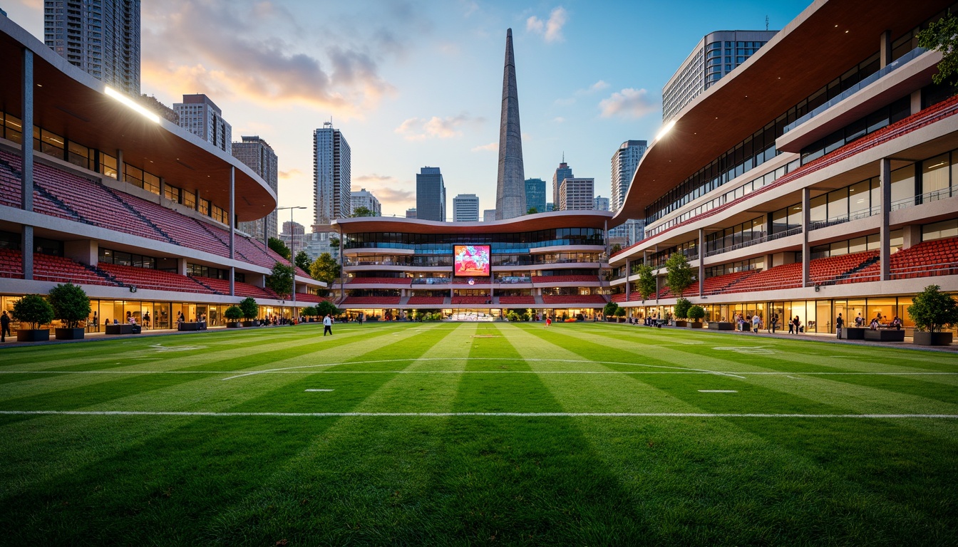 Prompt: Vibrant green turf, sleek metallic goalposts, bold team color accents, dynamic LED lighting, futuristic architecture, curved lines, minimalist design, premium seating areas, luxurious VIP lounges, modern scoreboard displays, high-tech sound systems, urban cityscape backdrop, evening sunset ambiance, warm golden lighting, shallow depth of field, 3/4 composition, panoramic view, realistic textures, ambient occlusion.