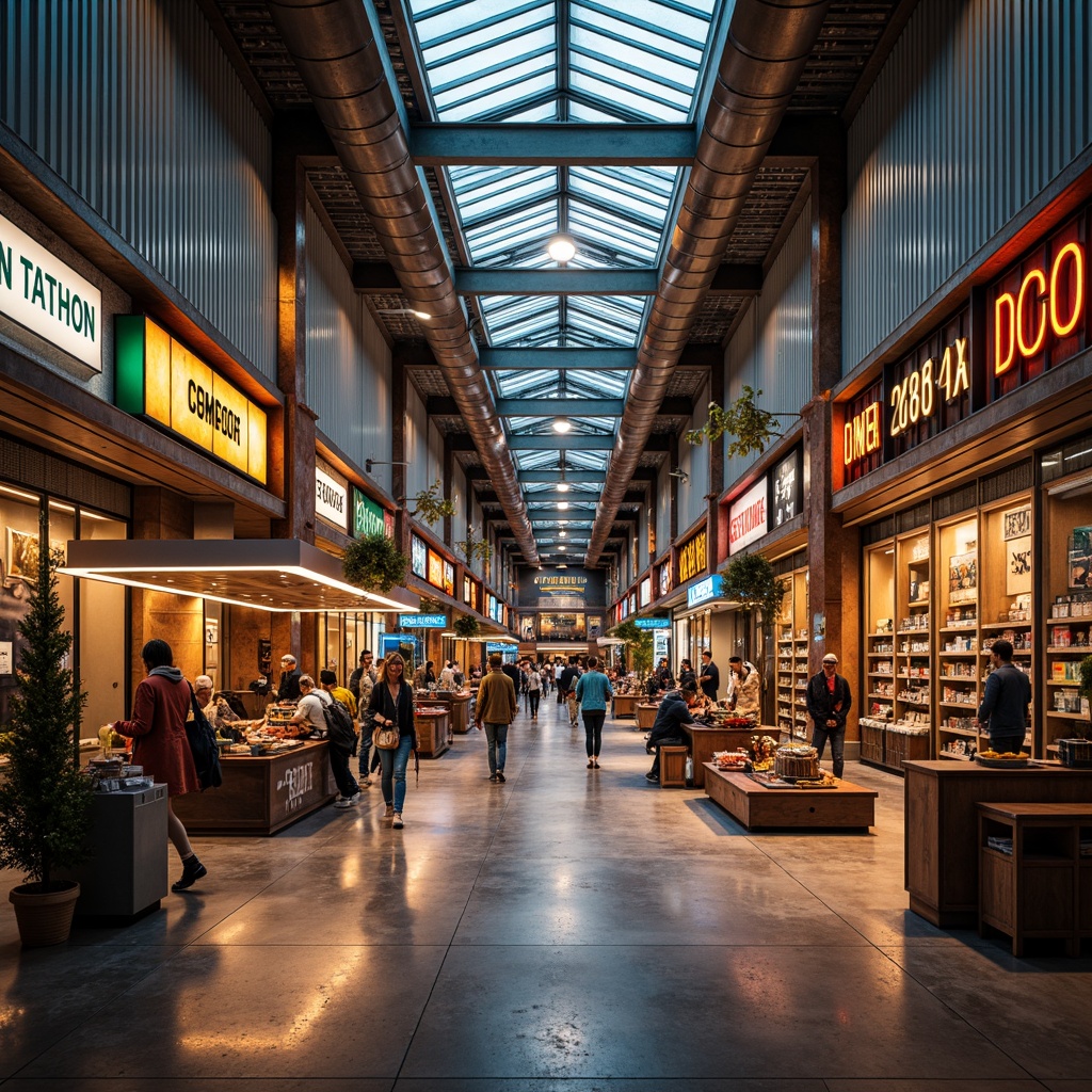 Prompt: Retro-futuristic shopping mall, corrugated iron fa\u00e7ade, industrial chic aesthetic, exposed ductwork, polished concrete floors, neon signage, vibrant color schemes, eclectic mix of textures, distressed wood accents, reclaimed metal decorations, urban graffiti, bustling atmosphere, warm softbox lighting, shallow depth of field, 1/2 composition, cinematic framing, realistic reflections, ambient occlusion.