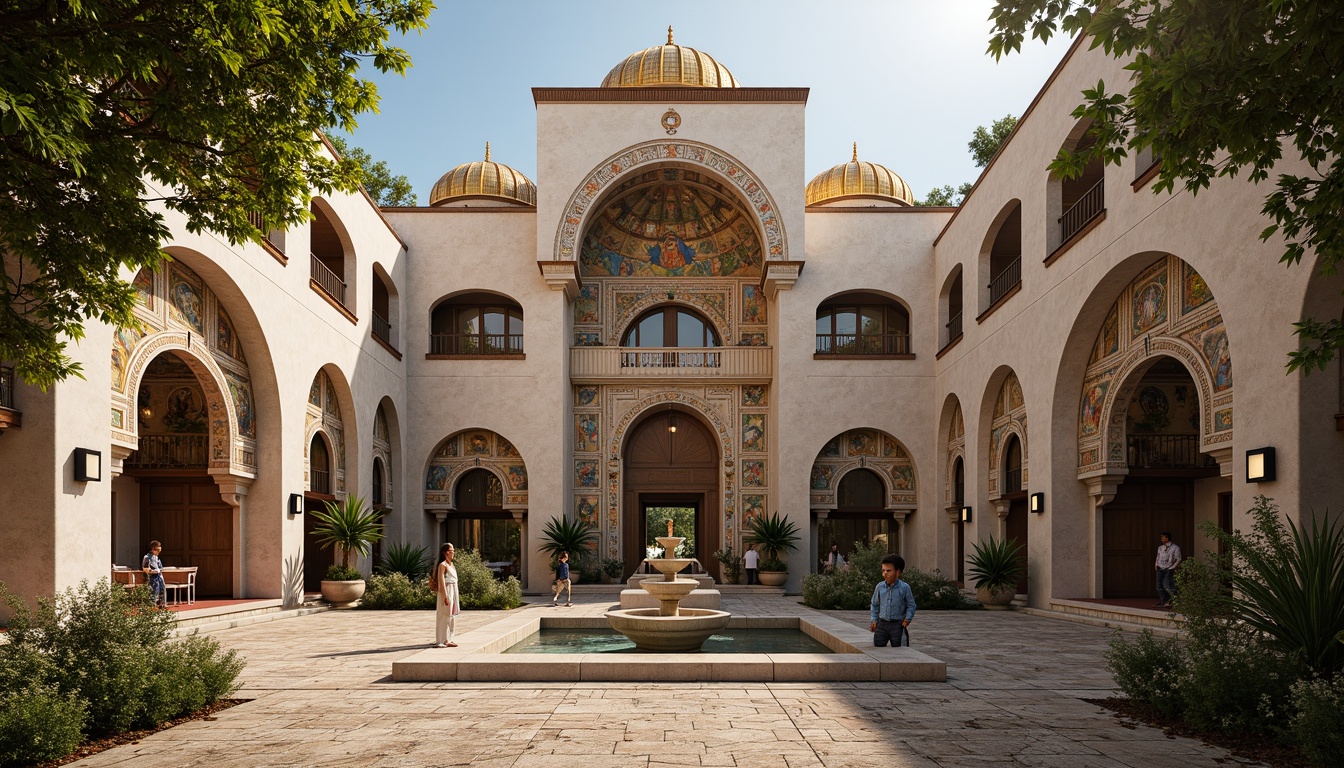 Prompt: Intricate stone carvings, ornate golden domes, majestic archways, grand entrance gates, rustic wooden doors, vibrant mosaic patterns, richly textured stonework, Byzantine-inspired frescoes, serene courtyard gardens, tranquil fountain features, soft warm lighting, shallow depth of field, 3/4 composition, panoramic view, realistic textures, ambient occlusion.