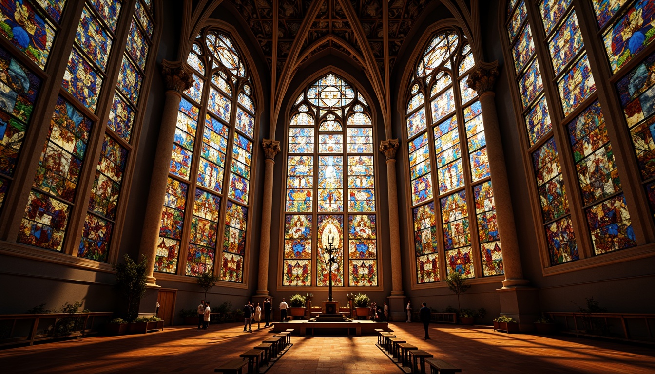 Prompt: Vibrant stained glass windows, rich jewel-toned mosaics, warm golden lighting, ornate intricate patterns, grandiose cathedral ceilings, modern minimalist chapels, sleek metal accents, sacred geometric symbols, bold contrasting colors, dramatic shadows, soft ambient illumination, 1/1 composition, symmetrical framing, realistic textures, subtle atmospheric effects.