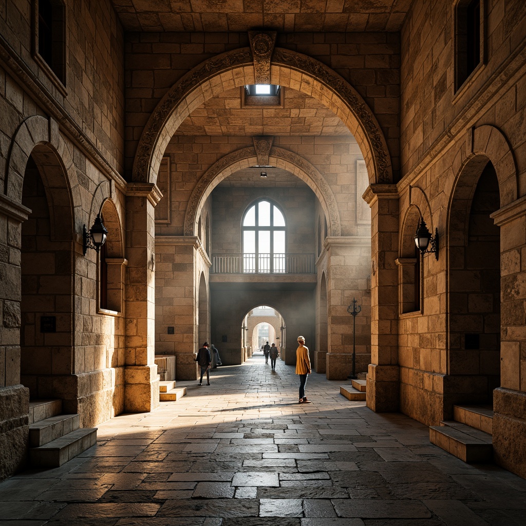 Prompt: Rustic stone walls, arched windows, ornate carvings, grand entranceways, sturdy columns, vaulted ceilings, intricate stonework patterns, earthy color palette, natural textures, medieval-inspired architecture, robust fortifications, imposing fa\u00e7ades, dramatic lighting effects, low-angle shots, atmospheric mist, warm golden hour, 1/2 composition, symmetrical framing, detailed stone carvings, ambient occlusion.