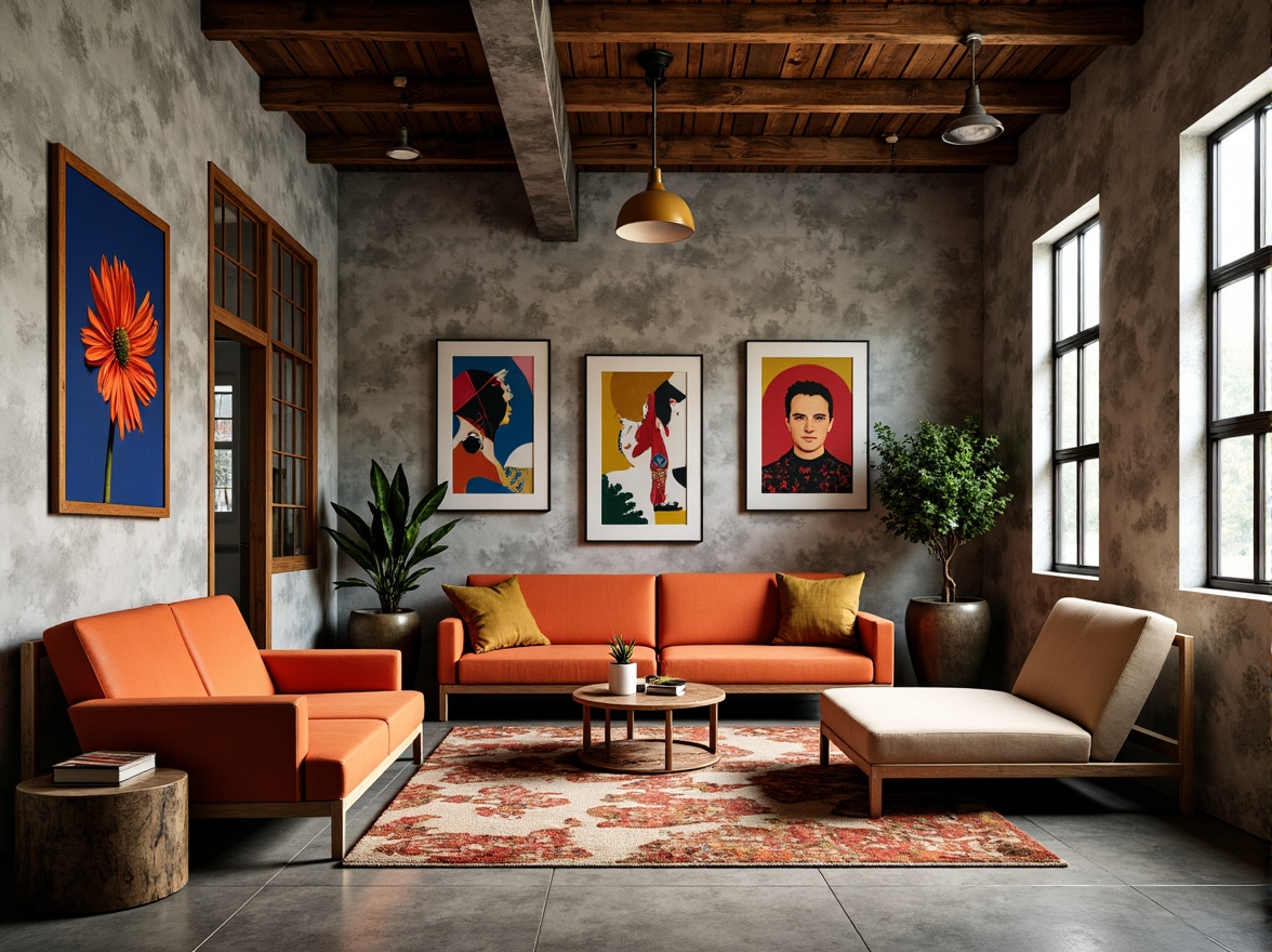 Prompt: Vibrant artistic studio, eclectic furniture, abstract artwork, bold color blocking, contrasting textures, rich wood accents, industrial metal fixtures, natural stone flooring, oversized windows, soft diffused lighting, warm atmospheric ambiance, 3/4 composition, shallow depth of field, realistic renderings, ambient occlusion.