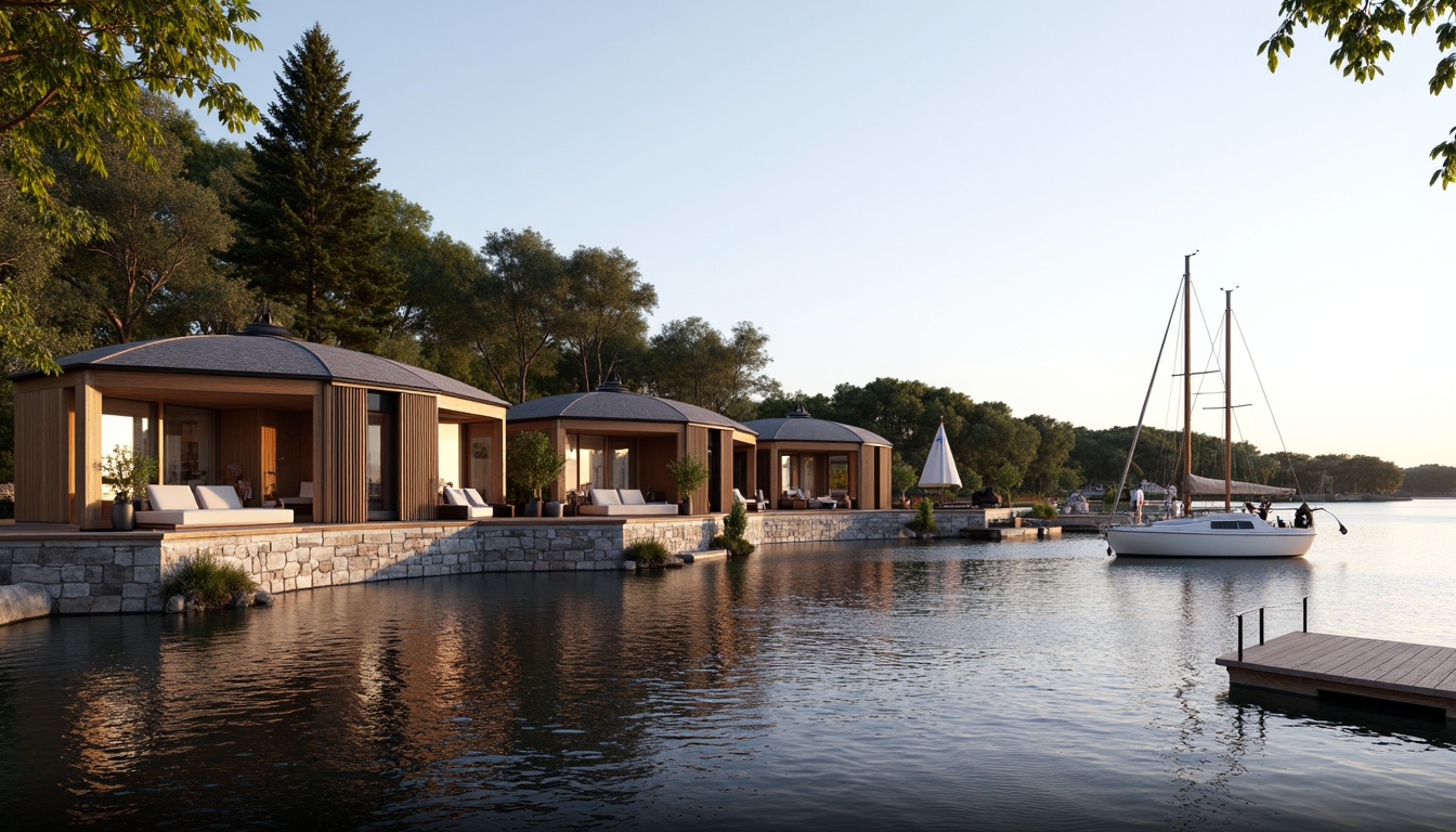 Prompt: Waterfront location, serene lake views, wooden dock, sailboats, curvilinear rooflines, undulating fa\u00e7ades, nautical-themed decorations, rustic wood accents, natural stone foundations, glass-enclosed living areas, modern minimalist interiors, soft warm lighting, shallow depth of field, 1/1 composition, realistic water reflections, ambient occlusion, organic shapes, fluid lines, dynamic forms, harmonious proportions.