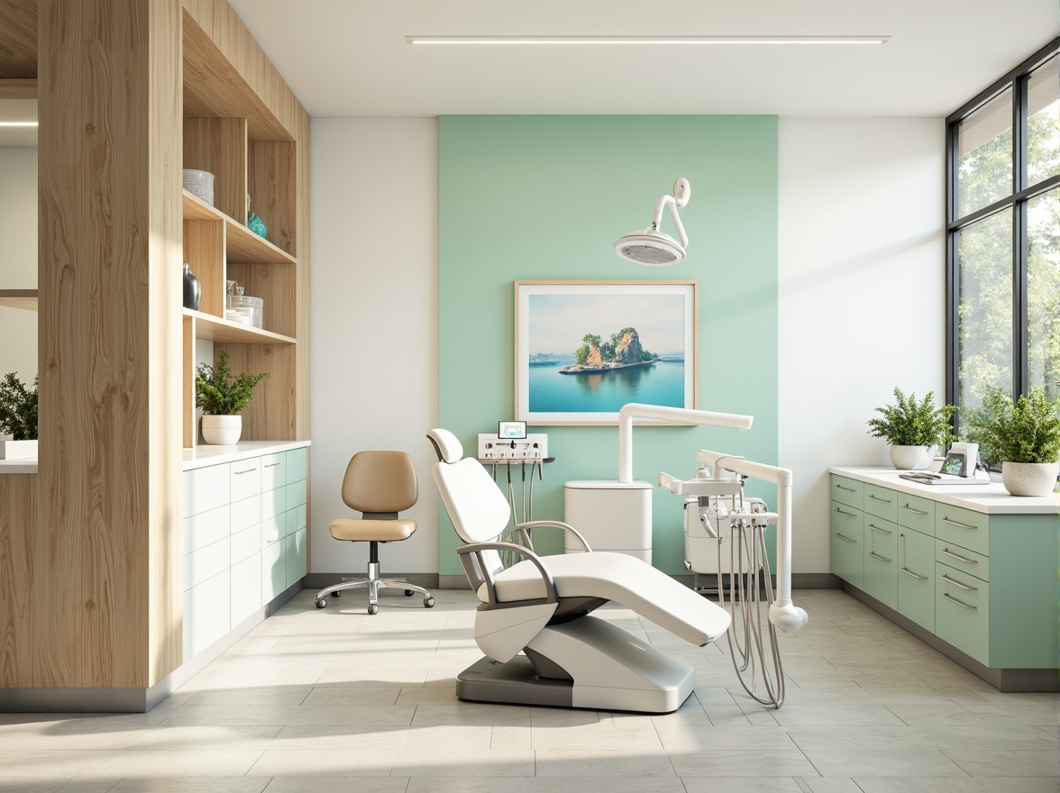 Prompt: Calming dental clinic, soft pastel colors, gentle whites, creamy beiges, soothing blues, pale greens, warm wood accents, modern minimalist design, sleek metal equipment, sterile glass surfaces, subtle texture patterns, ambient lighting, shallow depth of field, 1/1 composition, realistic renderings, natural materials, calming atmosphere, serene ambiance.