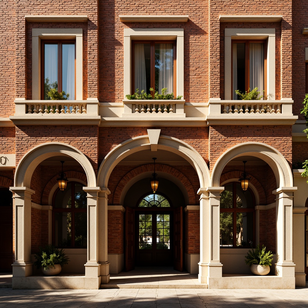 Prompt: Renaissance-style building facade, ornate brick patterns, rustic red brick walls, arched windows, classical columns, ornamental cornices, grand entranceways, symmetrical composition, warm golden lighting, shallow depth of field, 1/1 aspect ratio, realistic textures, ambient occlusion.