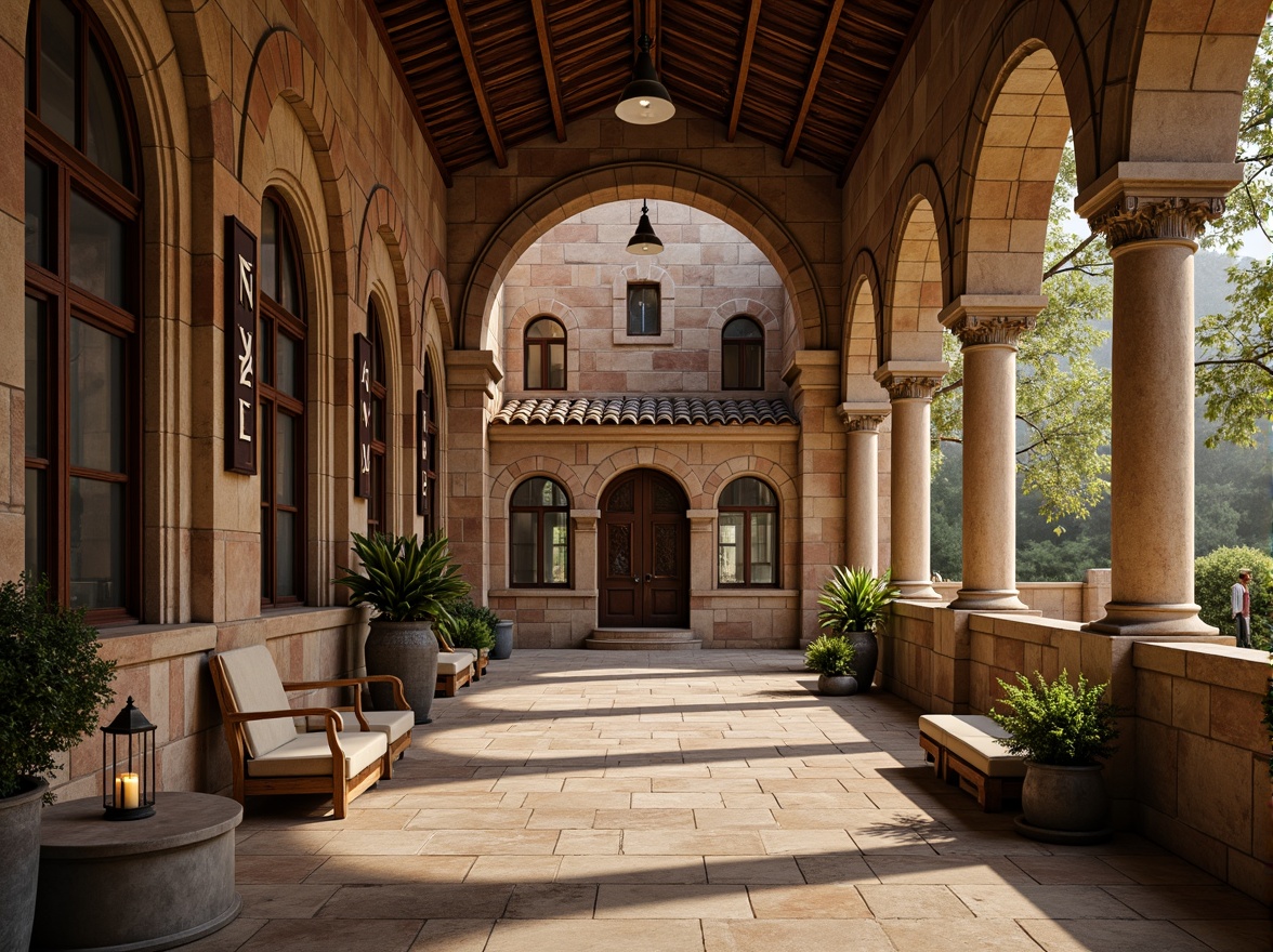 Prompt: Renaissance-style visitor center, ornate facade, grand entrance, arched windows, rustic stone walls, terracotta roof tiles, classical columns, intricate carvings, ornamental details, warm earthy tones, natural stone flooring, wooden accents, vintage lanterns, soft warm lighting, shallow depth of field, 1/2 composition, symmetrical framing, realistic textures, ambient occlusion.