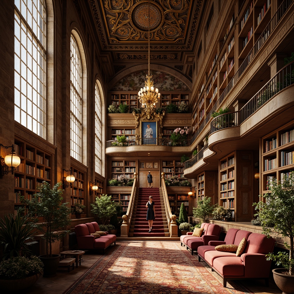 Prompt: Grandiose library interior, ornate details, flowing curves, sinuous lines, organic forms, botanical motifs, stained glass windows, intricate mosaics, gilded accents, luxurious fabrics, velvet drapes, carved wooden paneling, sculpted stone columns, sweeping archways, grand staircases, dramatic chandeliers, warm golden lighting, soft focus, shallow depth of field, 1/2 composition, symmetrical framing, realistic textures, ambient occlusion.