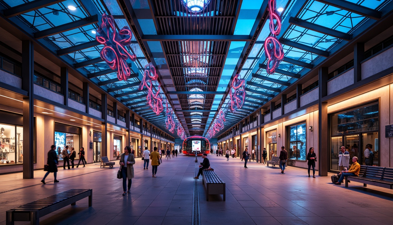 Prompt: Vibrant tram station, modern architecture, sleek metal beams, glass roofs, LED light installations, colorful neon signs, futuristic ambiance, dynamic lighting effects, warm glow, soft shadows, urban cityscape, busy pedestrian traffic, rush hour atmosphere, evening commute, subtle misting systems, polished concrete floors, stainless steel handrails, minimalist benches, abstract art installations, geometric patterns, ambient occlusion, shallow depth of field, 3/4 composition, panoramic view.