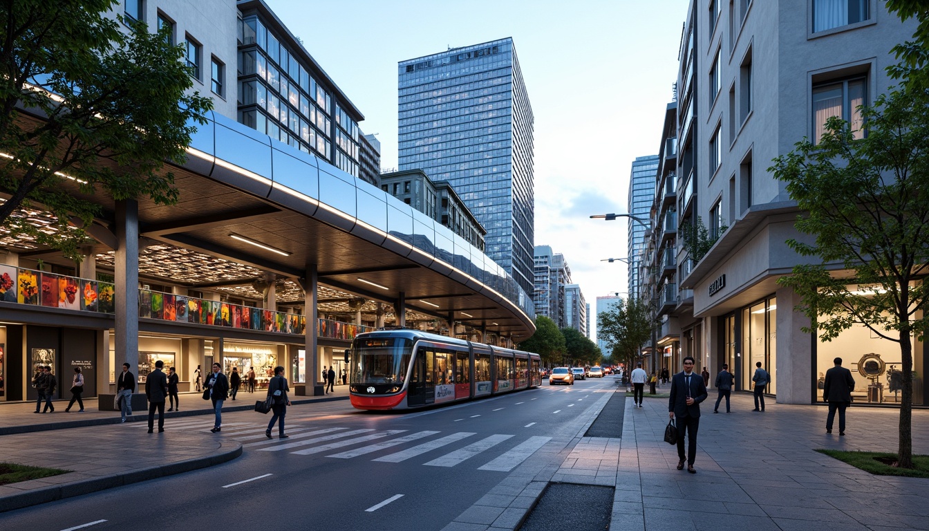 Prompt: Futuristic tram station, curved glass fa\u00e7ade, dynamic LED lighting, sleek metal frames, cantilevered roofs, green walls, urban landscape, busy streets, modern architecture, angular lines, minimalist design, sustainable energy solutions, solar panels, wind turbines, water conservation systems, eco-friendly materials, innovative cooling technologies, shaded outdoor spaces, misting systems, vibrant colorful textiles, intricate geometric motifs, panoramic view, realistic textures, ambient occlusion.