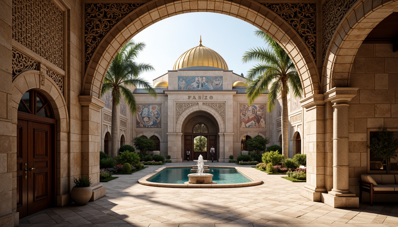 Prompt: Intricate stone carvings, ornate golden domes, majestic archways, grand entrance gates, rustic wooden doors, vibrant mosaic patterns, richly textured stonework, Byzantine-inspired frescoes, serene courtyard gardens, tranquil fountain features, soft warm lighting, shallow depth of field, 3/4 composition, panoramic view, realistic textures, ambient occlusion.