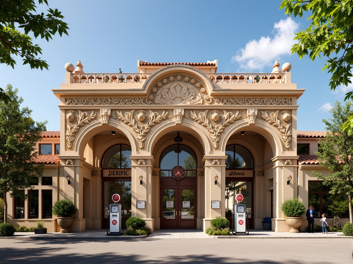 Prompt: Ornate gas station facade, Renaissance-inspired architecture, grand arches, ornamental columns, intricate stone carvings, decorative cornices, rusticated quoins, symmetrical composition, classical proportions, warm beige stonework, terracotta roof tiles, vintage fuel pumps, nostalgic signage, lush greenery, blooming flowers, sunny afternoon, soft warm lighting, shallow depth of field, 3/4 composition, panoramic view, realistic textures, ambient occlusion.