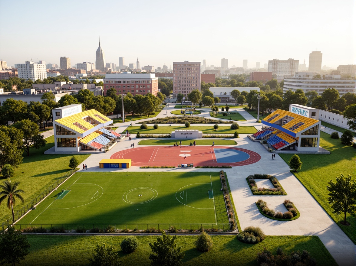 Prompt: Vibrant community hub, lush green grass, sports fields, athletic tracks, recreational facilities, modern stadium seating, vibrant colorful bleachers, urban landscape, city skyline, sunny day, soft warm lighting, shallow depth of field, 3/4 composition, panoramic view, realistic textures, ambient occlusion, public art installations, interactive exhibits, community gardens, outdoor fitness equipment, walking trails, bike paths, picnic areas, food vendors, social gathering spaces.