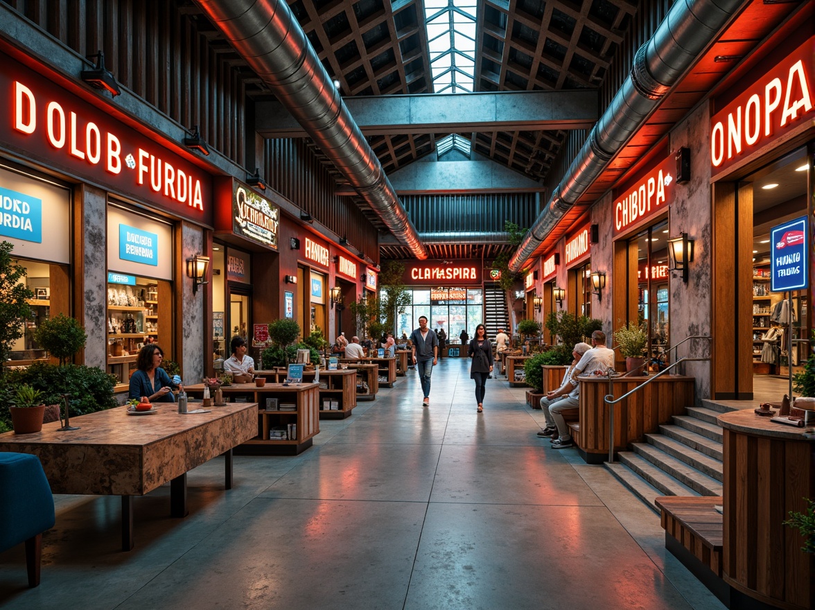 Prompt: Retro-futuristic shopping mall, corrugated iron fa\u00e7ade, industrial chic aesthetic, exposed ductwork, polished concrete floors, neon signage, vibrant color schemes, eclectic mix of textures, distressed wood accents, reclaimed metal decorations, urban graffiti, bustling atmosphere, warm softbox lighting, shallow depth of field, 1/2 composition, cinematic framing, realistic reflections, ambient occlusion.