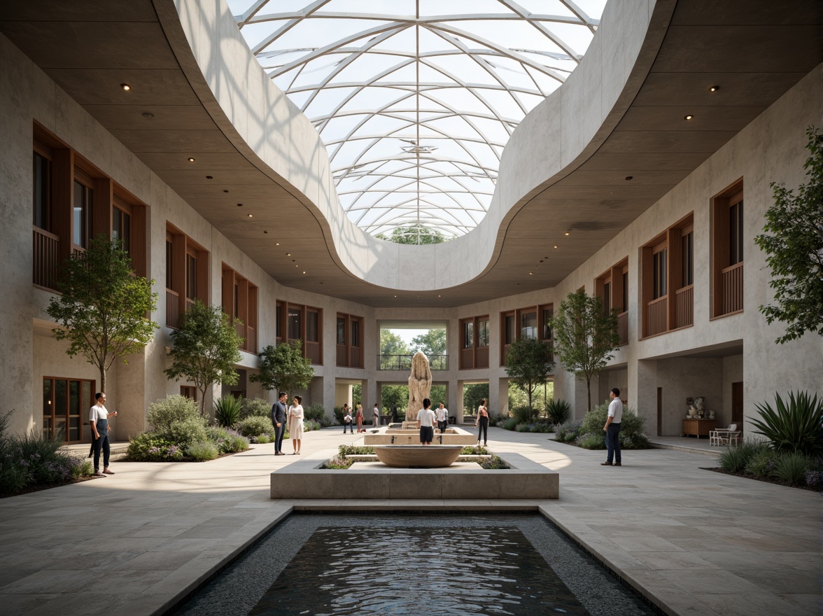 Prompt: Sweeping curves, cantilevered roofs, grand atriums, solemn memorials, historic artifacts, natural stone walls, polished black granite, minimalist landscaping, serene water features, abstract sculptures, dramatic skylights, diffused soft lighting, shallow depth of field, 1/1 composition, panoramic view, realistic textures, ambient occlusion.