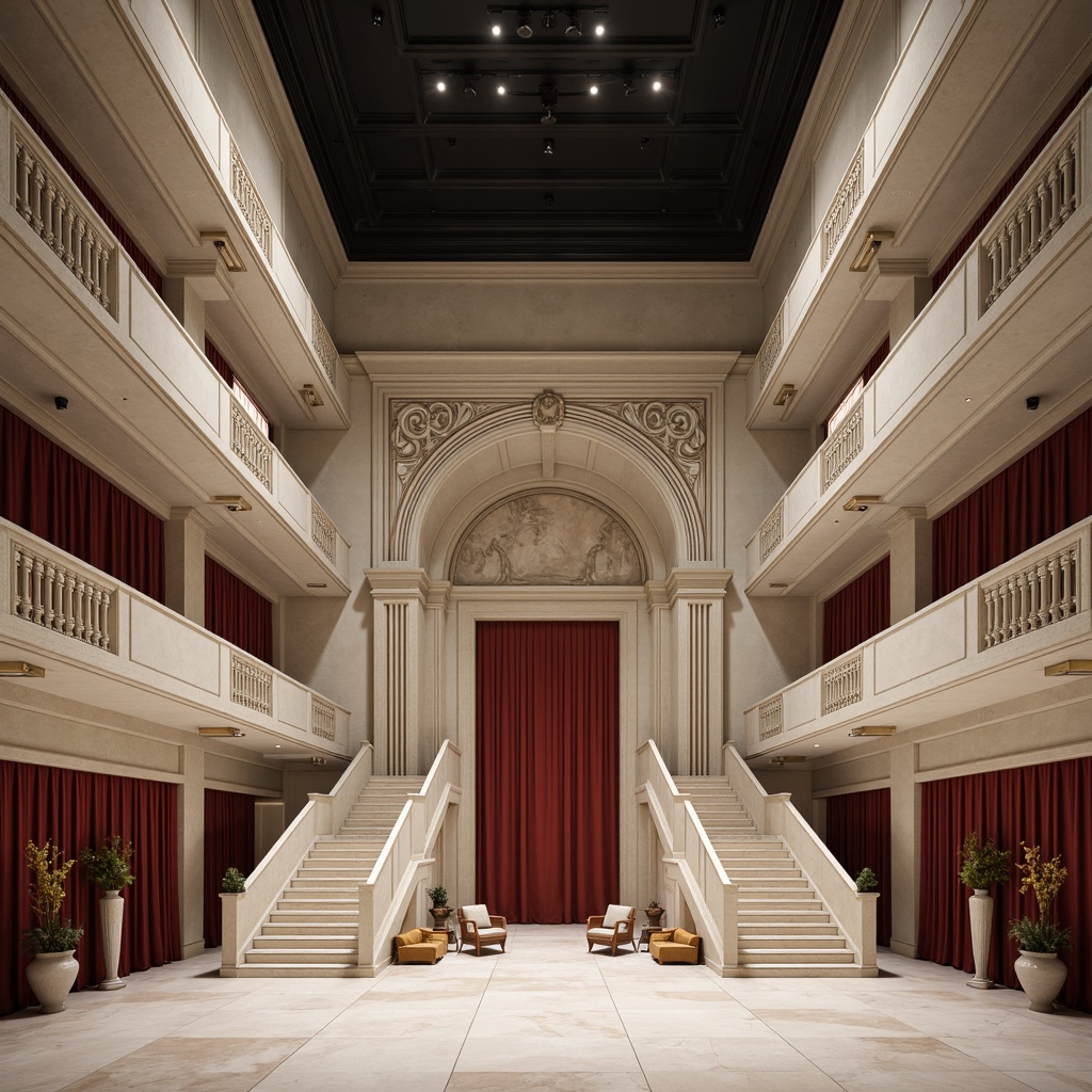 Prompt: Elegant opera house, minimalist architecture, neutral color palette, creamy whites, soft grays, rich blacks, subtle gold accents, ornate details, grand chandeliers, sweeping staircases, luxurious red velvet curtains, polished marble floors, dramatic spotlights, warm ambient lighting, shallow depth of field, 1/1 composition, symmetrical framing, realistic textures, subtle reflections.