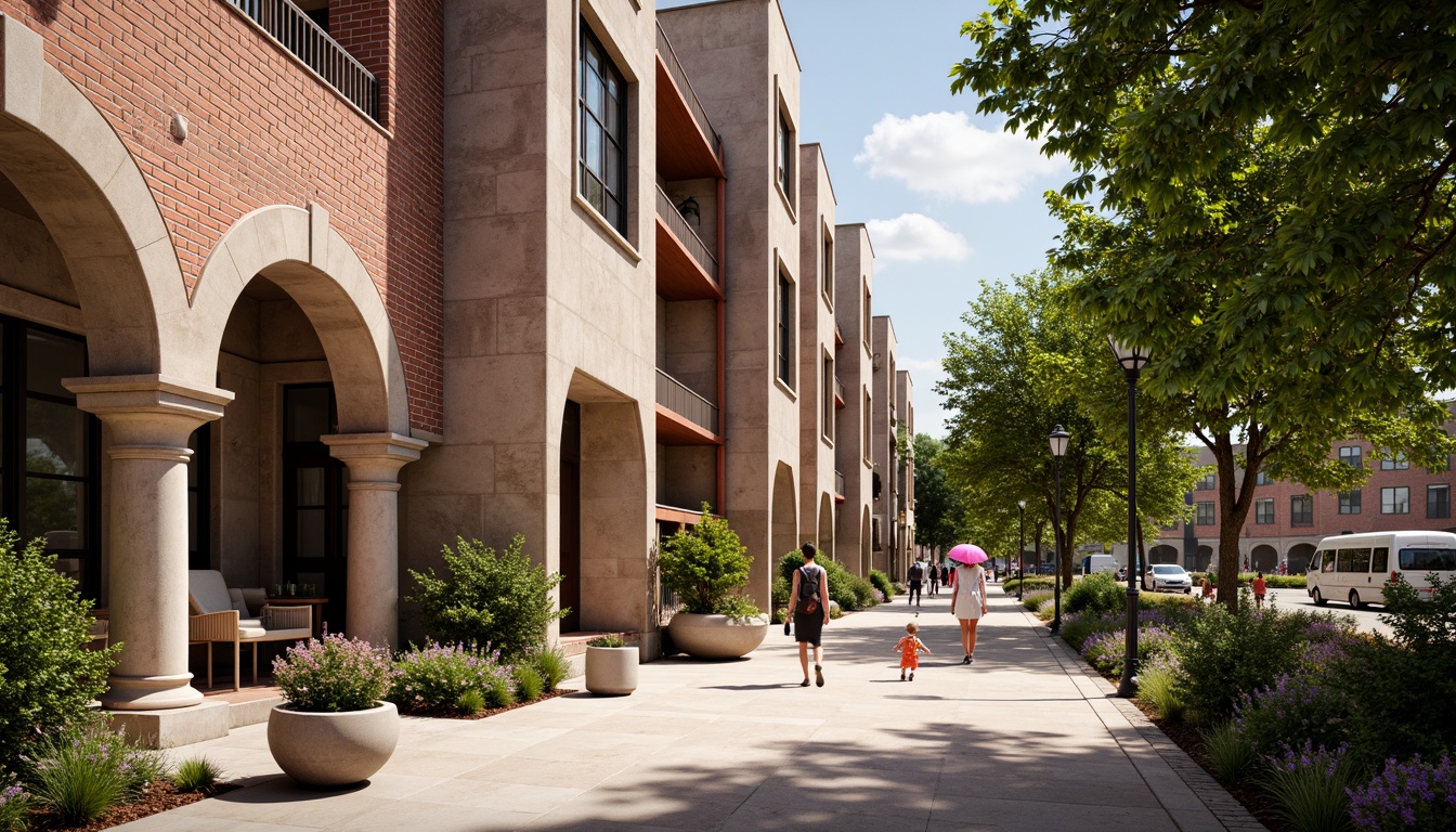 Prompt: Rustic brick facade, earthy tones, textured masonry, ornate archways, grand entranceways, classic columns, vintage street lamps, charming pedestrian walkways, lush greenery, blooming flowers, warm sunny day, soft natural lighting, shallow depth of field, 3/4 composition, realistic textures, ambient occlusion.