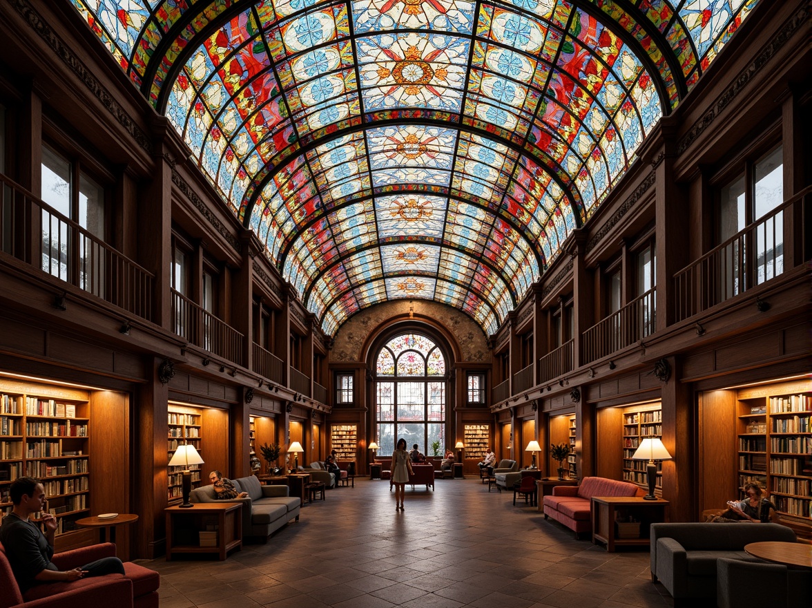 Prompt: Vibrant stained glass ceiling, colorful geometric patterns, warm natural light, cozy reading nooks, wooden bookshelves, comfortable seating areas, quiet study spaces, elegant architectural details, ornate metal frames, rich cultural heritage, spiritual ambiance, soft diffused lighting, 1/1 composition, realistic textures, ambient occlusion.