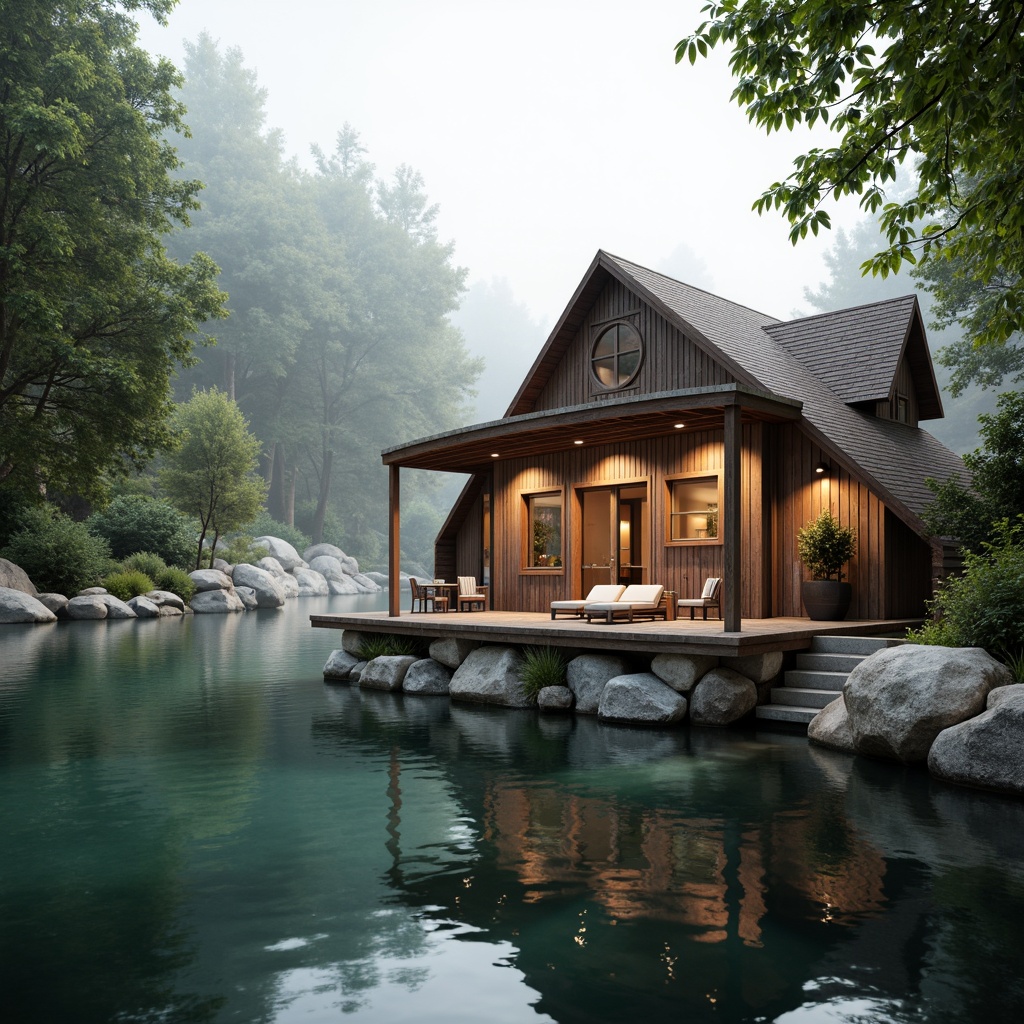 Prompt: Waterfront location, serene lake views, wooden dock, rustic boathouse, natural stone foundation, wooden accents, nautical decorations, porthole windows, curved rooflines, weathered wood textures, soft warm lighting, shallow depth of field, 1/1 composition, realistic reflections, ambient occlusion, lush greenery, surrounding trees, misty morning atmosphere.