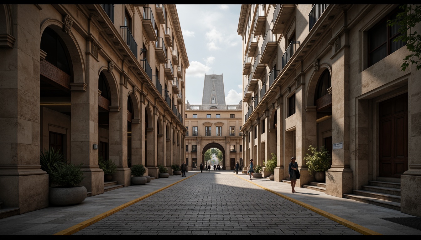 Prompt: Monumental buildings, imposing structures, robust columns, sturdy arches, grand entrances, ornate facades, symmetrical compositions, classical proportions, harmonious massing, balanced forms, natural stone materials, rough-hewn textures, earthy color palette, dramatic lighting effects, deep shadows, atmospheric perspective, 1/2 composition, low-angle view, cinematic mood.