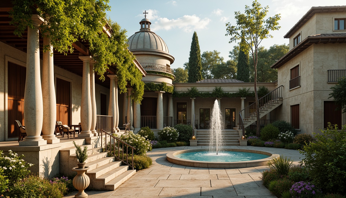 Prompt: Lush Italian gardens, ornate fountains, grand staircases, Tuscan columns, archways, domed roofs, rustic stone walls, vine-covered trellises, blooming flowers, serene water features, natural stone pathways, classical sculptures, Baroque-inspired ornaments, warm golden lighting, soft focus, 1/2 composition, atmospheric perspective, realistic textures, ambient occlusion.