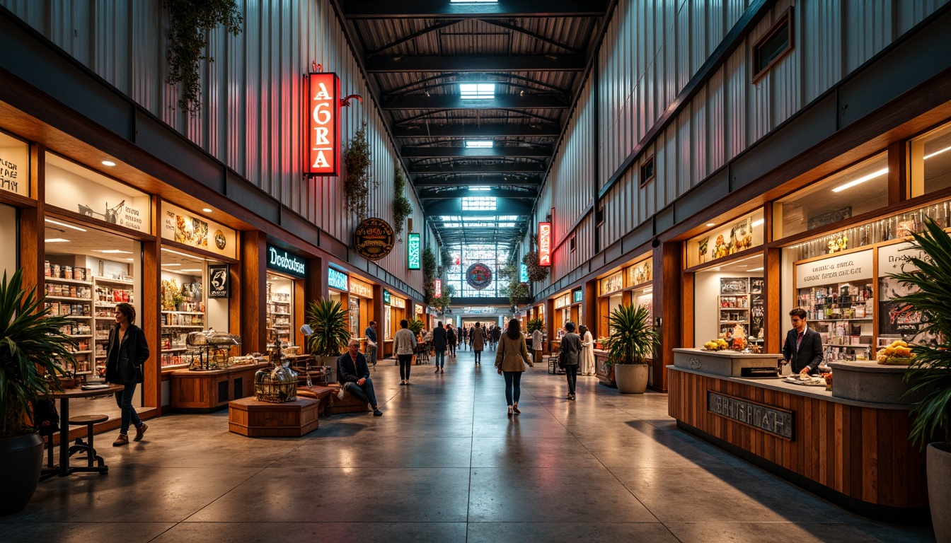 Prompt: Retro-futuristic shopping mall, corrugated iron fa\u00e7ade, industrial chic aesthetic, exposed ductwork, polished concrete floors, neon signage, vibrant color schemes, eclectic mix of textures, distressed wood accents, reclaimed metal decorations, urban graffiti, bustling atmosphere, warm softbox lighting, shallow depth of field, 1/2 composition, cinematic framing, realistic reflections, ambient occlusion.