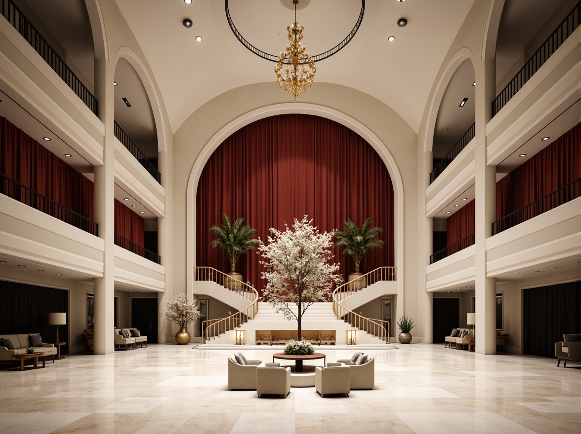 Prompt: Elegant opera house, minimalist architecture, neutral color palette, creamy whites, soft grays, rich blacks, subtle gold accents, ornate details, grand chandeliers, sweeping staircases, luxurious red velvet curtains, polished marble floors, dramatic spotlights, warm ambient lighting, shallow depth of field, 1/1 composition, symmetrical framing, realistic textures, subtle reflections.