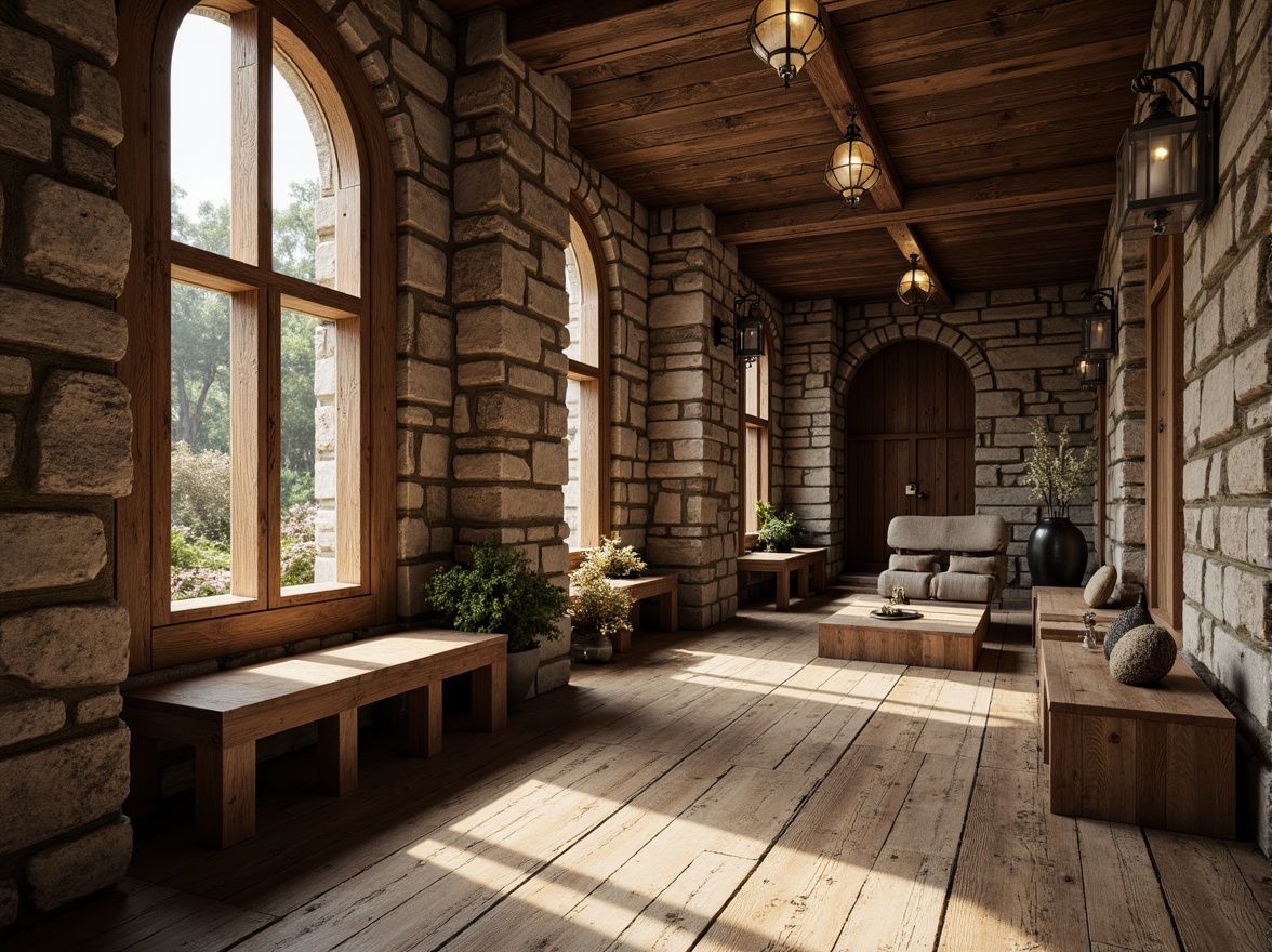 Prompt: Rustic stone walls, weathered wooden planks, rough-hewn concrete columns, tactile brick facades, ornate metalwork details, intricate stonework patterns, natural rock formations, earthy tones, organic shapes, curved lines, asymmetrical compositions, warm ambient lighting, soft shadows, high-contrast textures, realistic material renderings, detailed normal maps, subtle bump mapping, cinematic camera angles, dramatic depth of field.