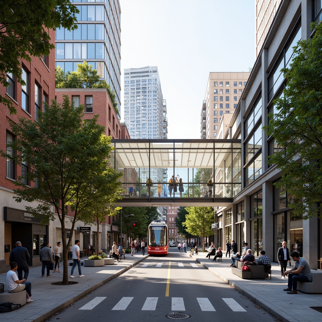 Prompt: Vibrant cityscape, modern tram station, sleek glass roofs, steel beams, urban integration, pedestrian-friendly infrastructure, green spaces, public art installations, bustling streets, morning commute, soft natural lighting, shallow depth of field, 1/1 composition, realistic textures, ambient occlusion, urban furniture, bike lanes, street performers, eclectic architecture, mixed-use development, lively atmosphere, warm color palette.