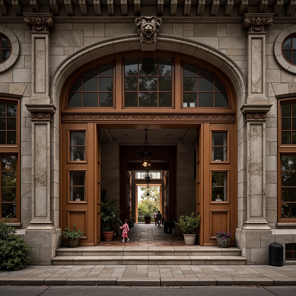 Prompt: Intricate stone carvings, ornate wooden frames, stained glass windows, arched openings, grand entranceways, symmetrical facades, classical proportions, rustic brick walls, weathered stone textures, soft warm lighting, dramatic shadows, 3/4 composition, realistic reflections, ambient occlusion.