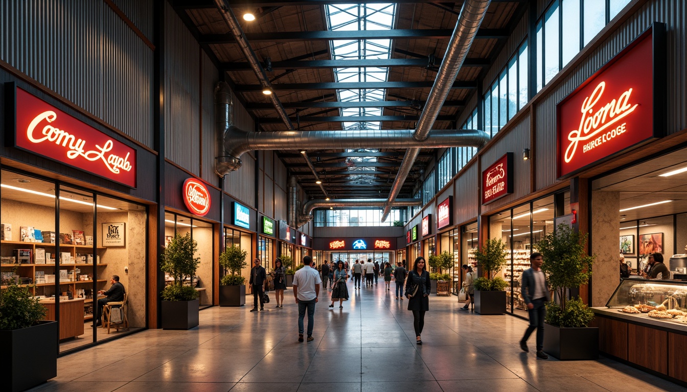 Prompt: Retro-futuristic shopping mall, corrugated iron fa\u00e7ade, industrial chic aesthetic, exposed ductwork, polished concrete floors, neon signage, vibrant color schemes, eclectic mix of textures, distressed wood accents, reclaimed metal decorations, urban graffiti, bustling atmosphere, warm softbox lighting, shallow depth of field, 1/2 composition, cinematic framing, realistic reflections, ambient occlusion.