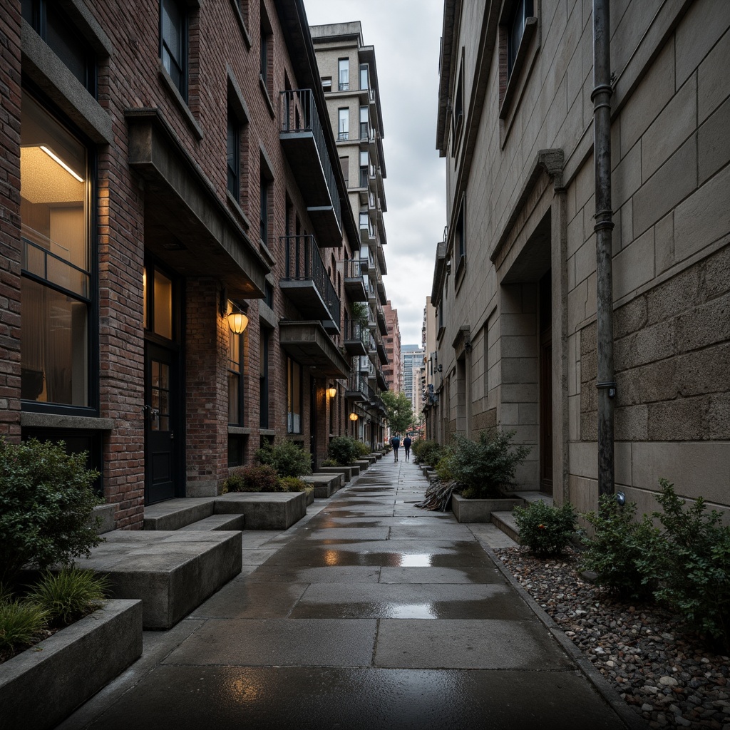 Prompt: Rough concrete walls, exposed ductwork, industrial metal beams, raw brick facades, brutalist fortress-like structures, rugged stone foundations, distressed wood accents, weathered steel surfaces, urban cityscape backdrop, overcast skies, dramatic shadows, high-contrast lighting, cinematic composition, gritty realistic textures, ambient occlusion.