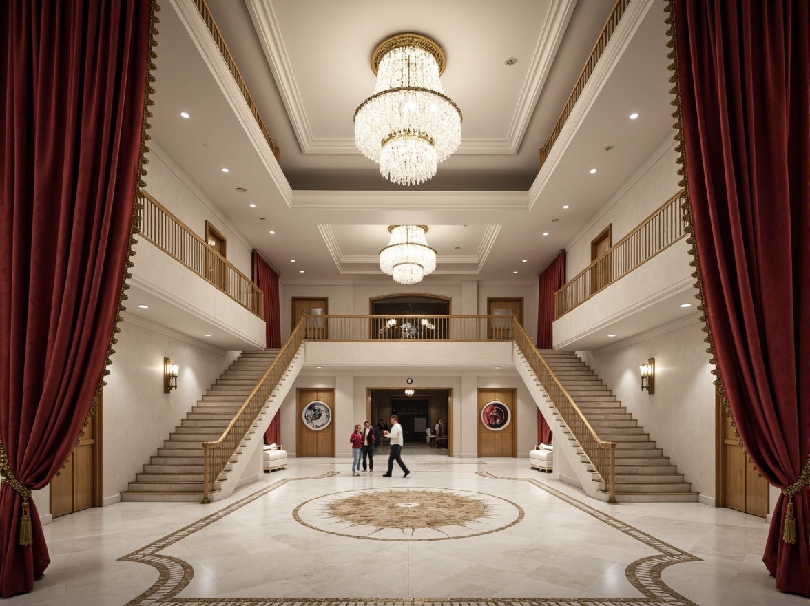 Prompt: Elegant opera house, minimalist architecture, neutral color palette, creamy whites, soft grays, rich blacks, subtle gold accents, ornate details, grand chandeliers, sweeping staircases, luxurious red velvet curtains, polished marble floors, dramatic spotlights, warm ambient lighting, shallow depth of field, 1/1 composition, symmetrical framing, realistic textures, subtle reflections.