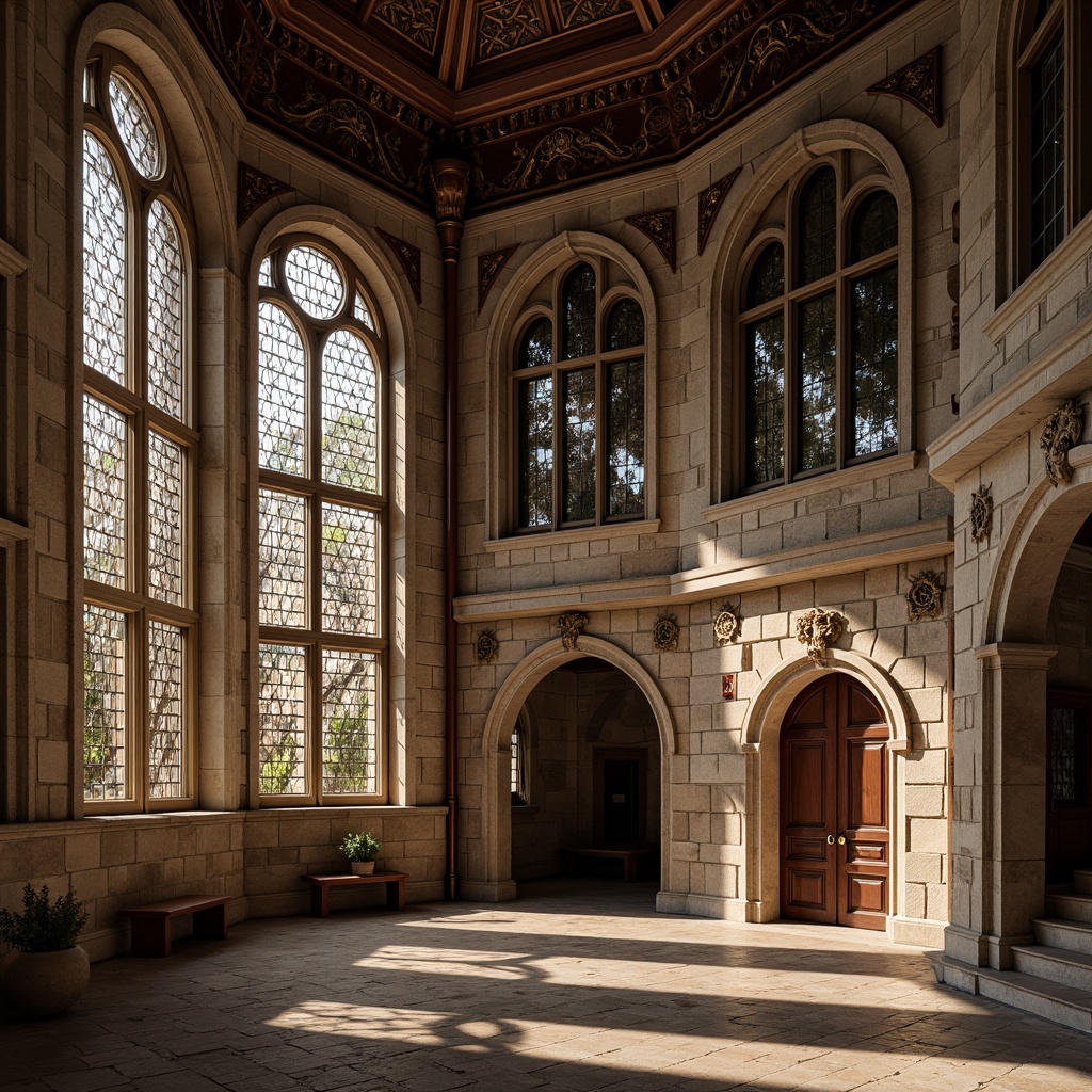 Prompt: Intricate stone carvings, ornate wooden frames, stained glass windows, arched openings, grand entranceways, symmetrical facades, classical proportions, rustic brick walls, weathered stone textures, soft warm lighting, dramatic shadows, 3/4 composition, realistic reflections, ambient occlusion.