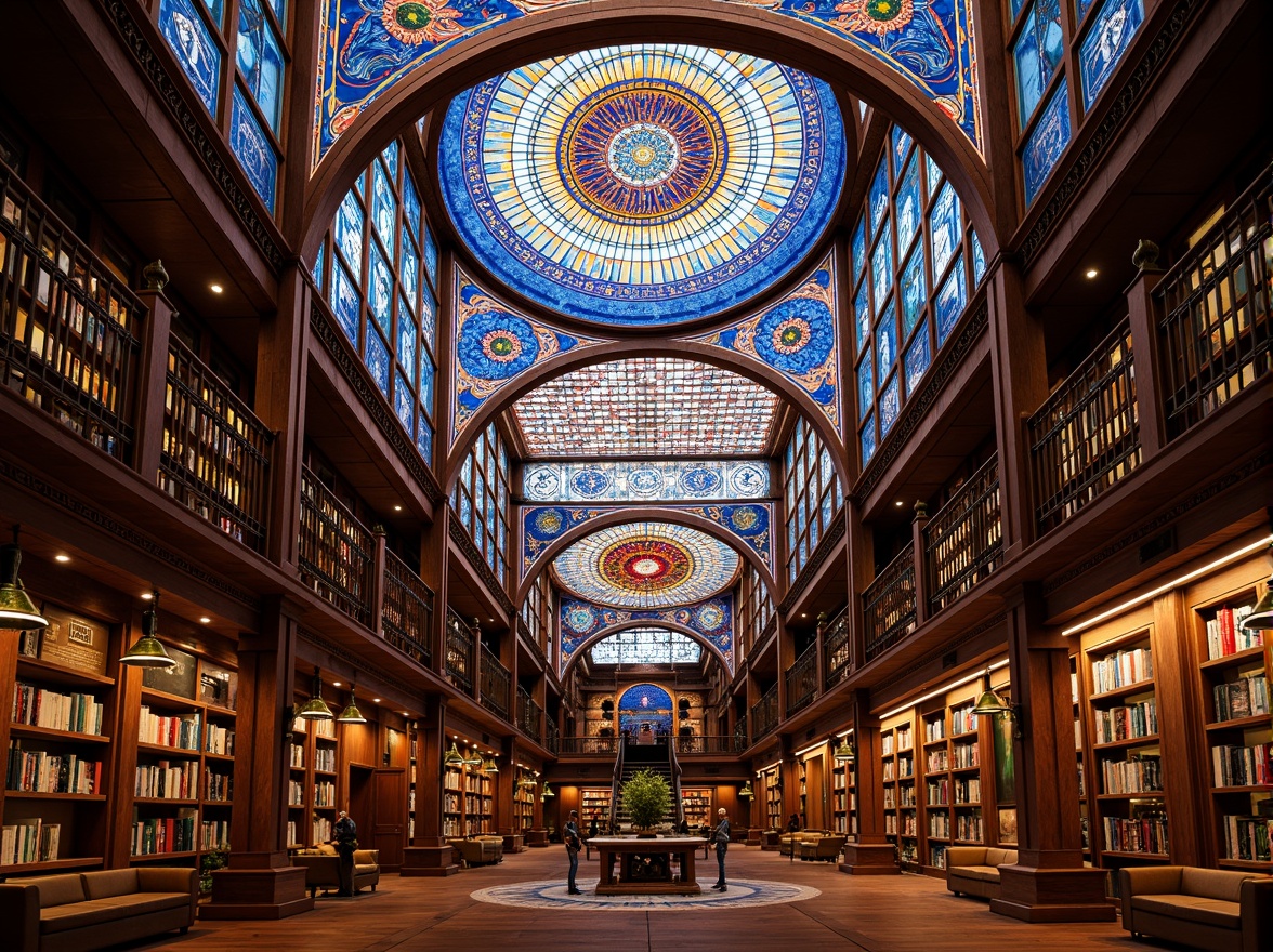 Prompt: Vibrant stained glass ceiling, colorful geometric patterns, warm natural light, cozy reading nooks, wooden bookshelves, comfortable seating areas, quiet study spaces, elegant architectural details, ornate metal frames, rich cultural heritage, spiritual ambiance, soft diffused lighting, 1/1 composition, realistic textures, ambient occlusion.