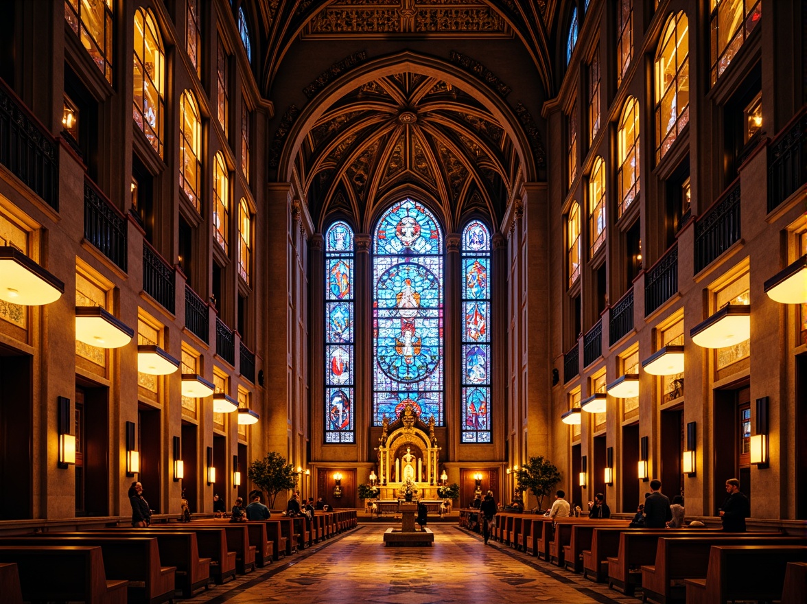 Prompt: Vibrant stained glass windows, rich jewel-toned mosaics, warm golden lighting, ornate intricate patterns, grandiose cathedral ceilings, modern minimalist chapels, sleek metal accents, sacred geometric symbols, bold contrasting colors, dramatic shadows, soft ambient illumination, 1/1 composition, symmetrical framing, realistic textures, subtle atmospheric effects.