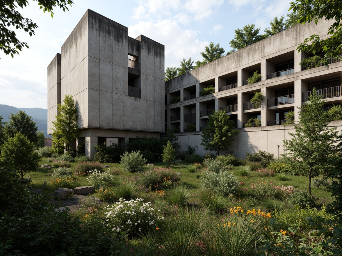 Prompt: Rugged brutalist buildings, raw concrete textures, fortress-like structures, overgrown vegetation, wildflowers, moss-covered walls, industrial landscapes, abandoned factories, crumbling infrastructure, distressed metal accents, exposed ductwork, brutalist sculptures, harsh natural lighting, dramatic shadows, 3/4 composition, low-angle shot, gritty realistic renderings, ambient occlusion.